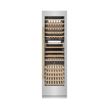 ZLINE Autograph 24" 12.4 cu. ft. Triple Zone 100 Bottle Column Wine Cooler in Stainless Steel and Polished Gold Accents, RCWVZ-304-24-G