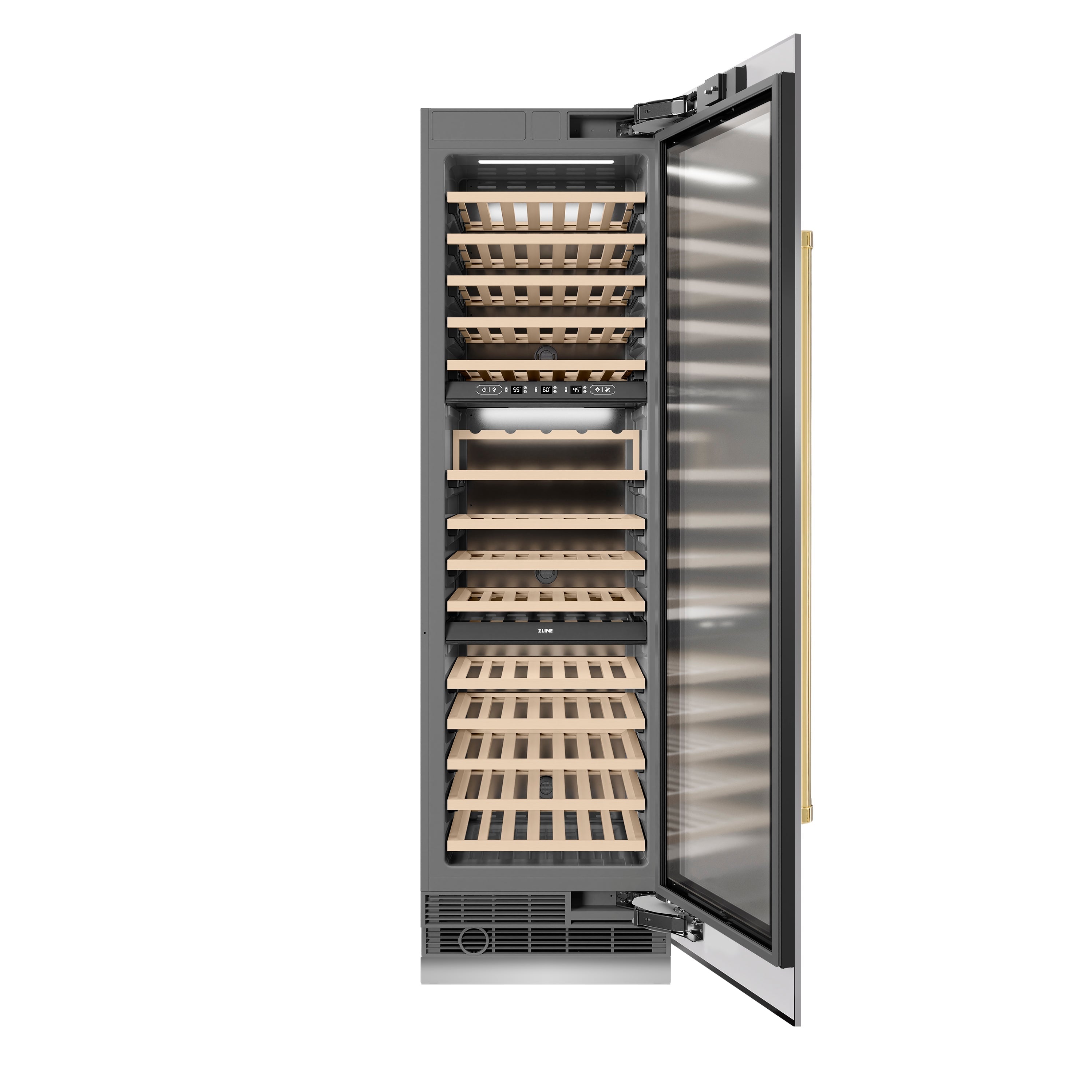 ZLINE Autograph 24" 12.4 cu. ft. Triple Zone 100 Bottle Column Wine Cooler in Stainless Steel and Polished Gold Accents, RCWVZ-304-24-G