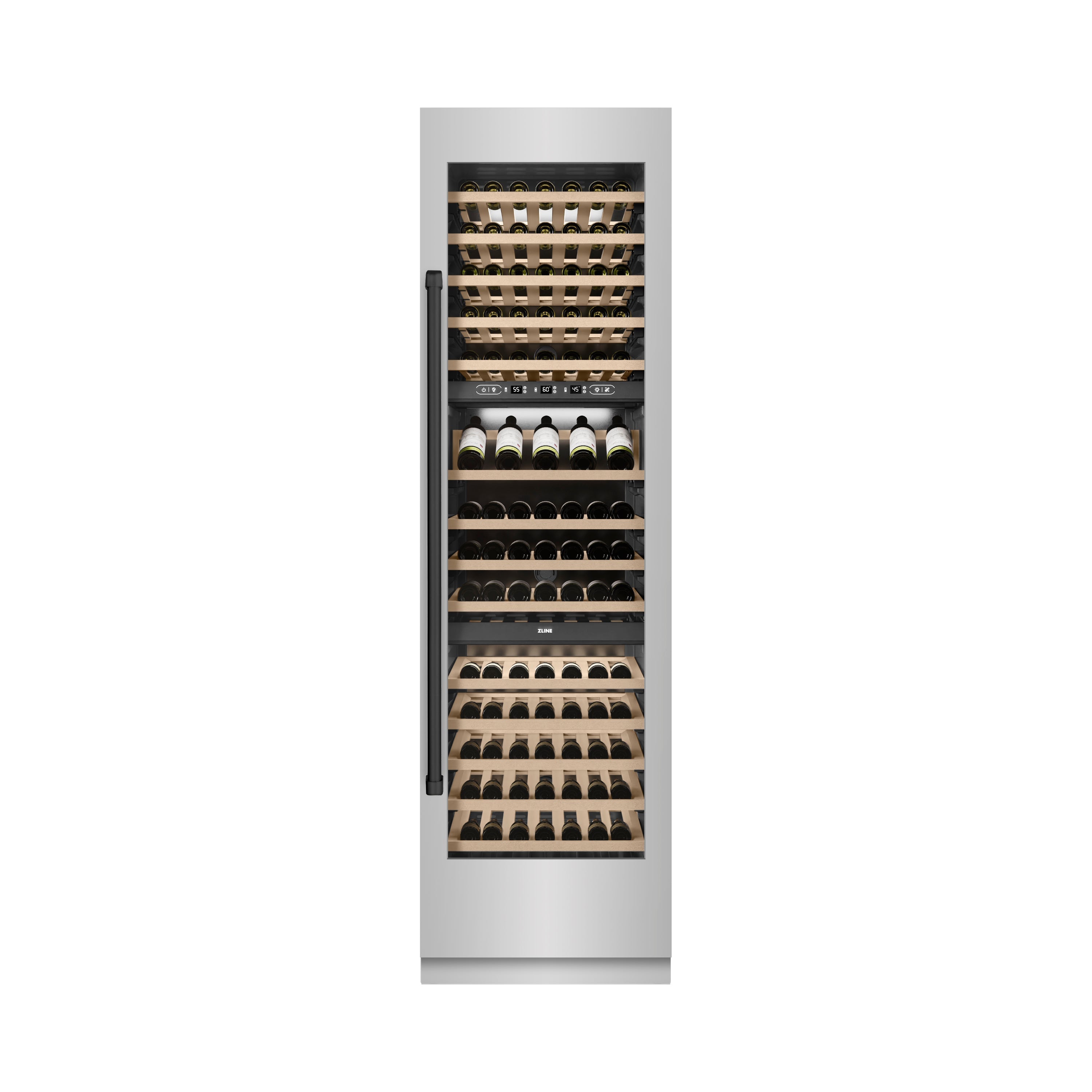 ZLINE Autograph 24" 12.4 cu. ft. Triple Zone 100 Bottle Column Wine Cooler in Stainless Steel and Matte Black Accents, RCWVZ-304-24-MB