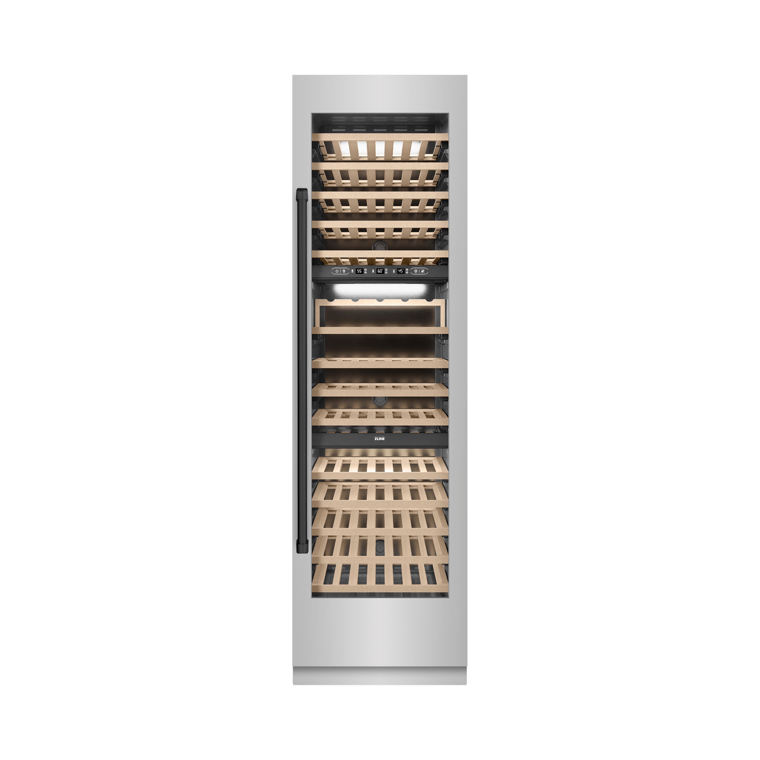 ZLINE Autograph 24" 12.4 cu. ft. Triple Zone 100 Bottle Column Wine Cooler in Stainless Steel and Matte Black Accents, RCWVZ-304-24-MB