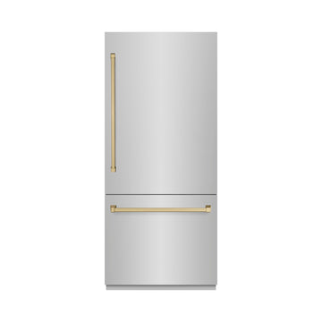 ZLINE 36 in Built-In Bottom Freezer Refrigerator 19.8 cu. ft. Water Dispenser Ice Maker Stainless Steel Champagne Bronze Accents (GRBITZ-304-36CB)