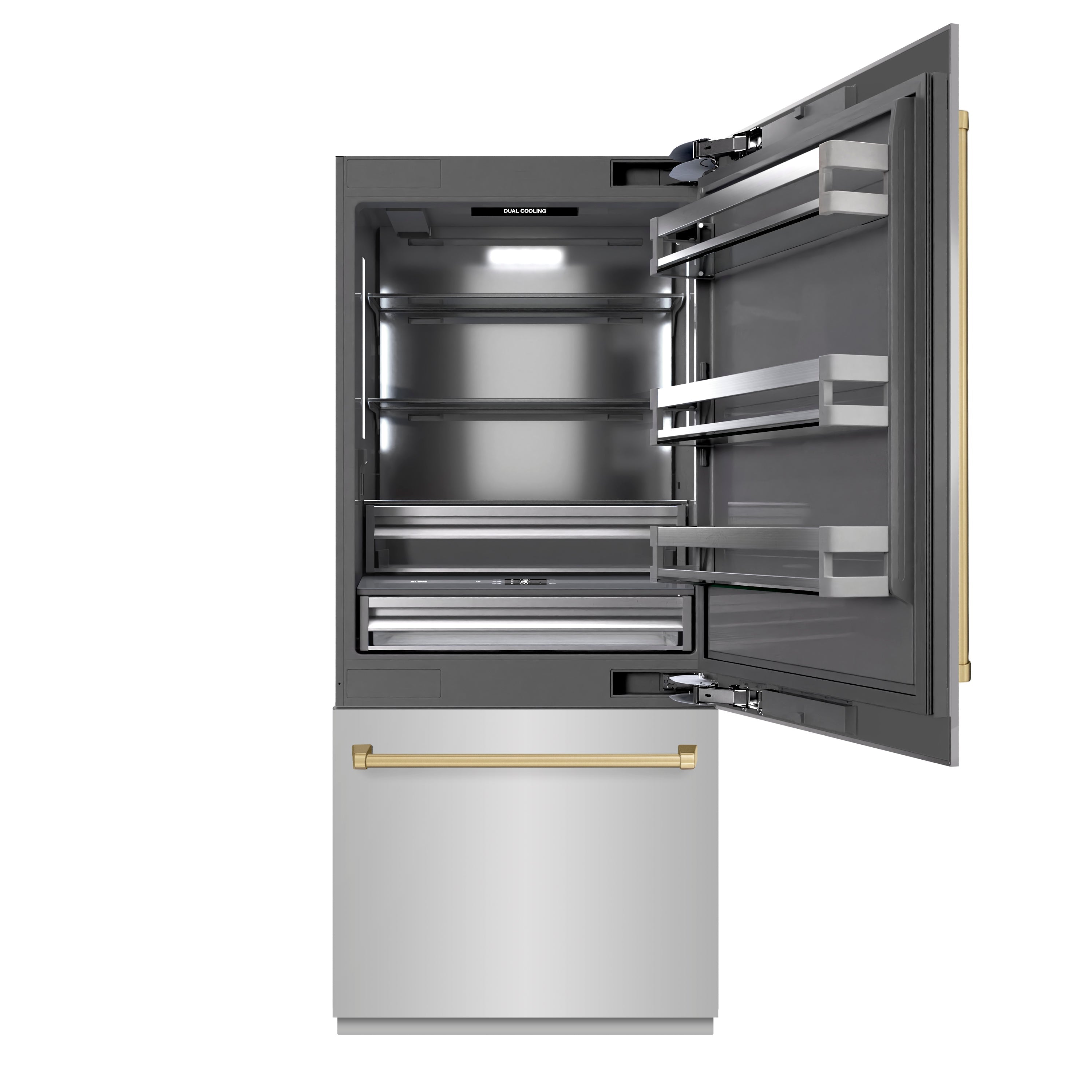 ZLINE 36 in Built-In Bottom Freezer Refrigerator 19.8 cu. ft. Water Dispenser Ice Maker Stainless Steel Champagne Bronze Accents (GRBITZ-304-36CB)