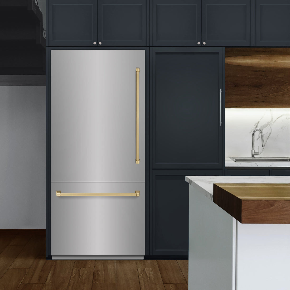 ZLINE 36 in Built-In Bottom Freezer Refrigerator 19.8 cu. ft. Water Dispenser Ice Maker Stainless Steel Champagne Bronze Accents (GRBITZ-304-36CB)