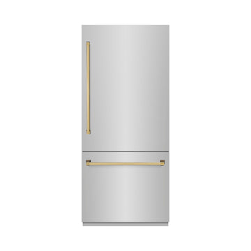 ZLINE 36 in. Built-In Bottom Freezer Refrigerator 19.8 Cu. Ft. Water Dispenser Ice Maker Polished Gold Accents (GRBITZ-304-36G)
