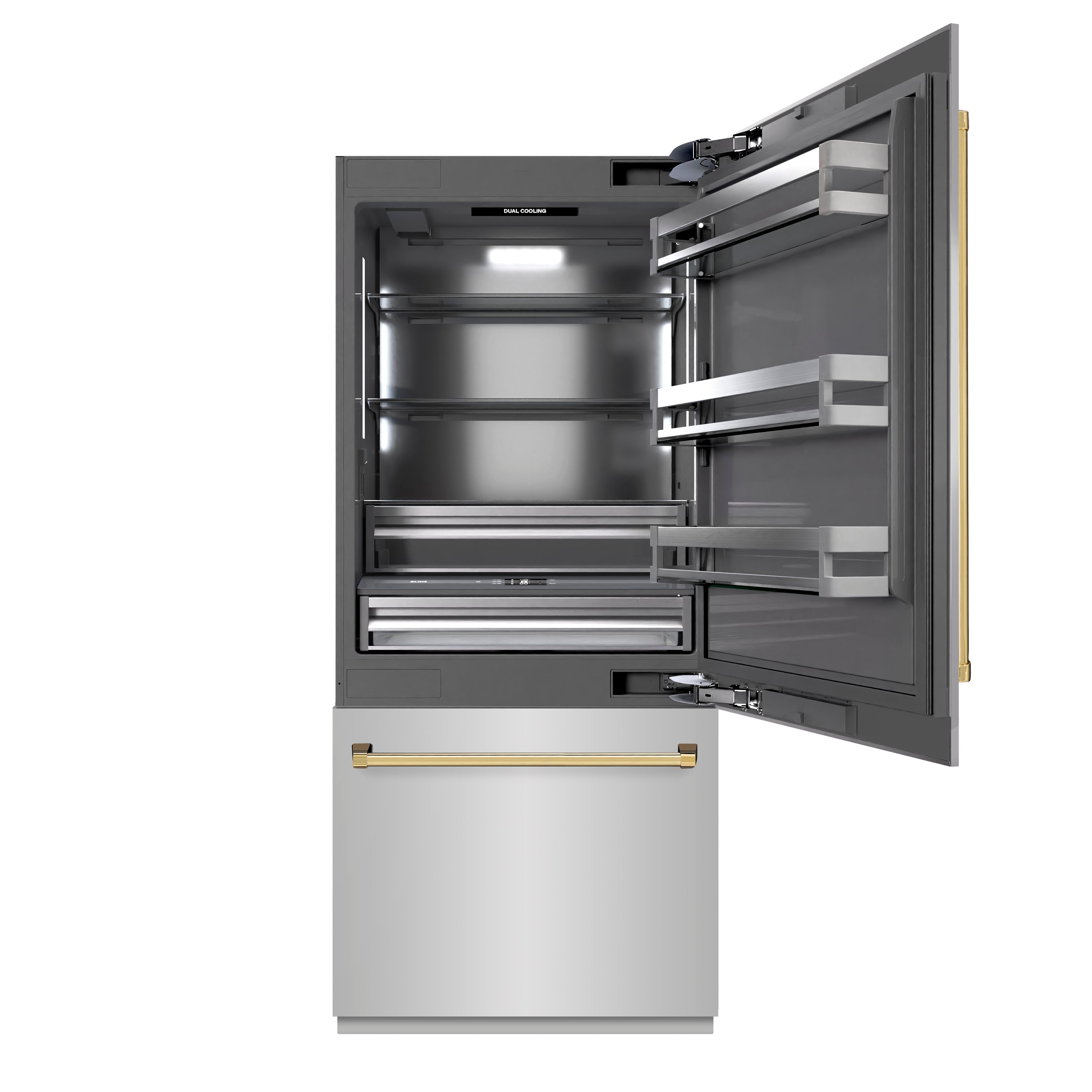 ZLINE 36 in. Built-In Bottom Freezer Refrigerator 19.8 Cu. Ft. Water Dispenser Ice Maker Polished Gold Accents (GRBITZ-304-36G)