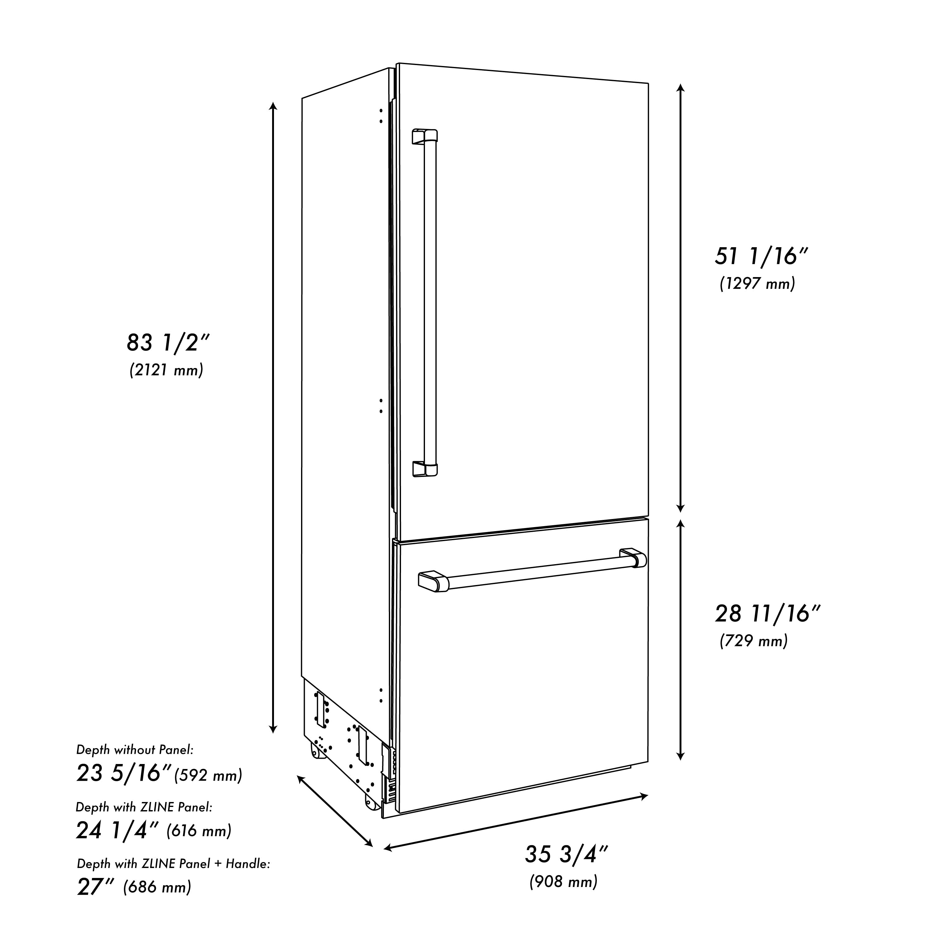 ZLINE 36 in. Built-In Bottom Freezer Refrigerator 19.8 Cu. Ft. Water Dispenser Ice Maker Stainless Steel Graphite Gray Interior Matte Black Accents (GRBITZ-304-36MB)