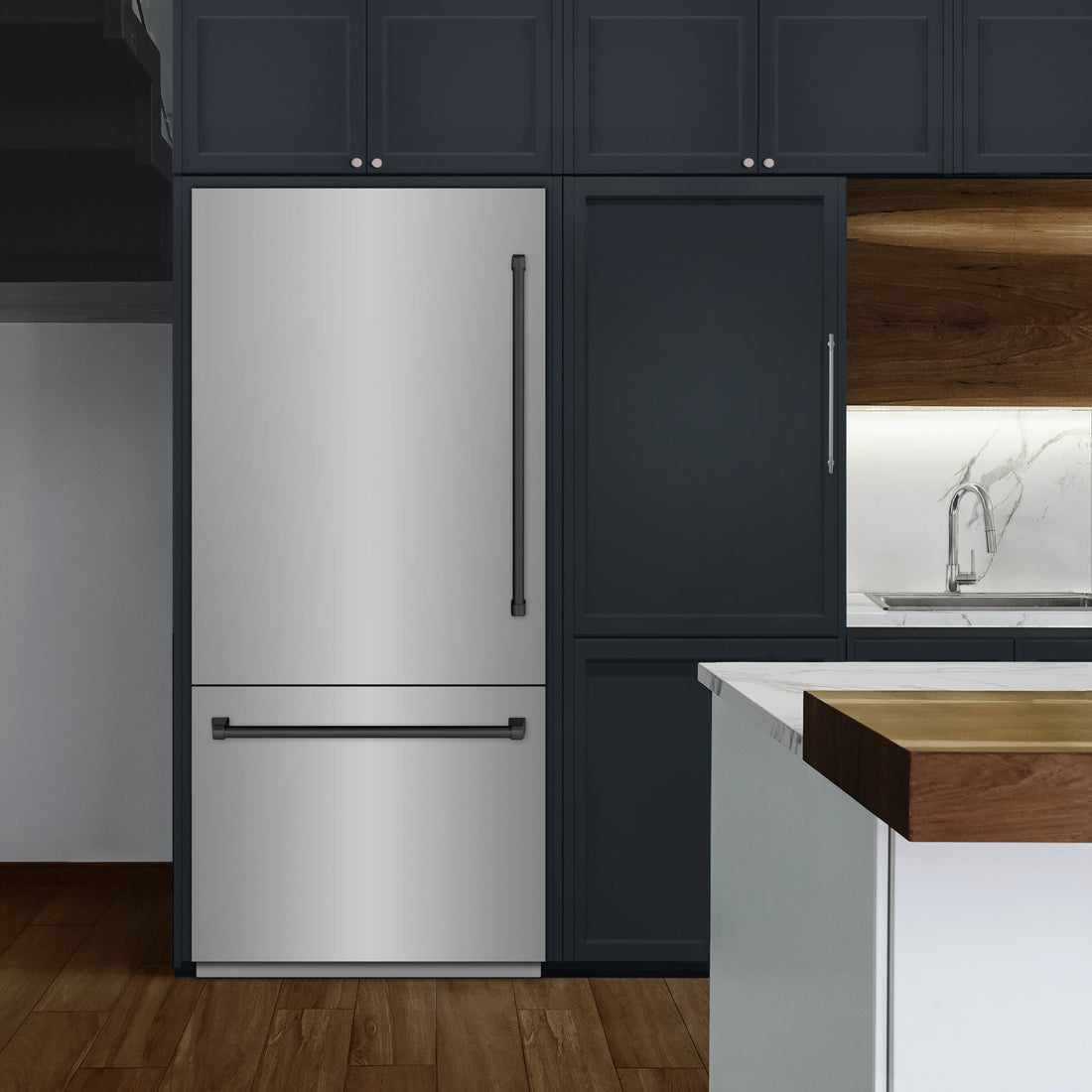 ZLINE 36 in. Built-In Bottom Freezer Refrigerator 19.8 Cu. Ft. Water Dispenser Ice Maker Stainless Steel Graphite Gray Interior Matte Black Accents (GRBITZ-304-36MB)