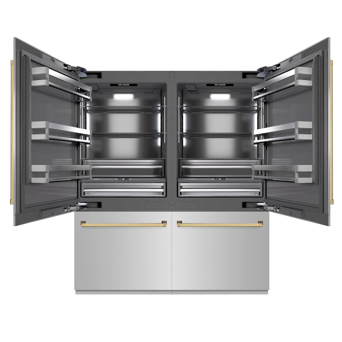 ZLINE 72 in. French Door Built-In Bottom Freezer Refrigerator 39.6 Cu. Ft. Stainless Steel Graphite Gray Interior Water Dispensers Ice Makers Polished Gold Accents (GRBITZ-304-72G)