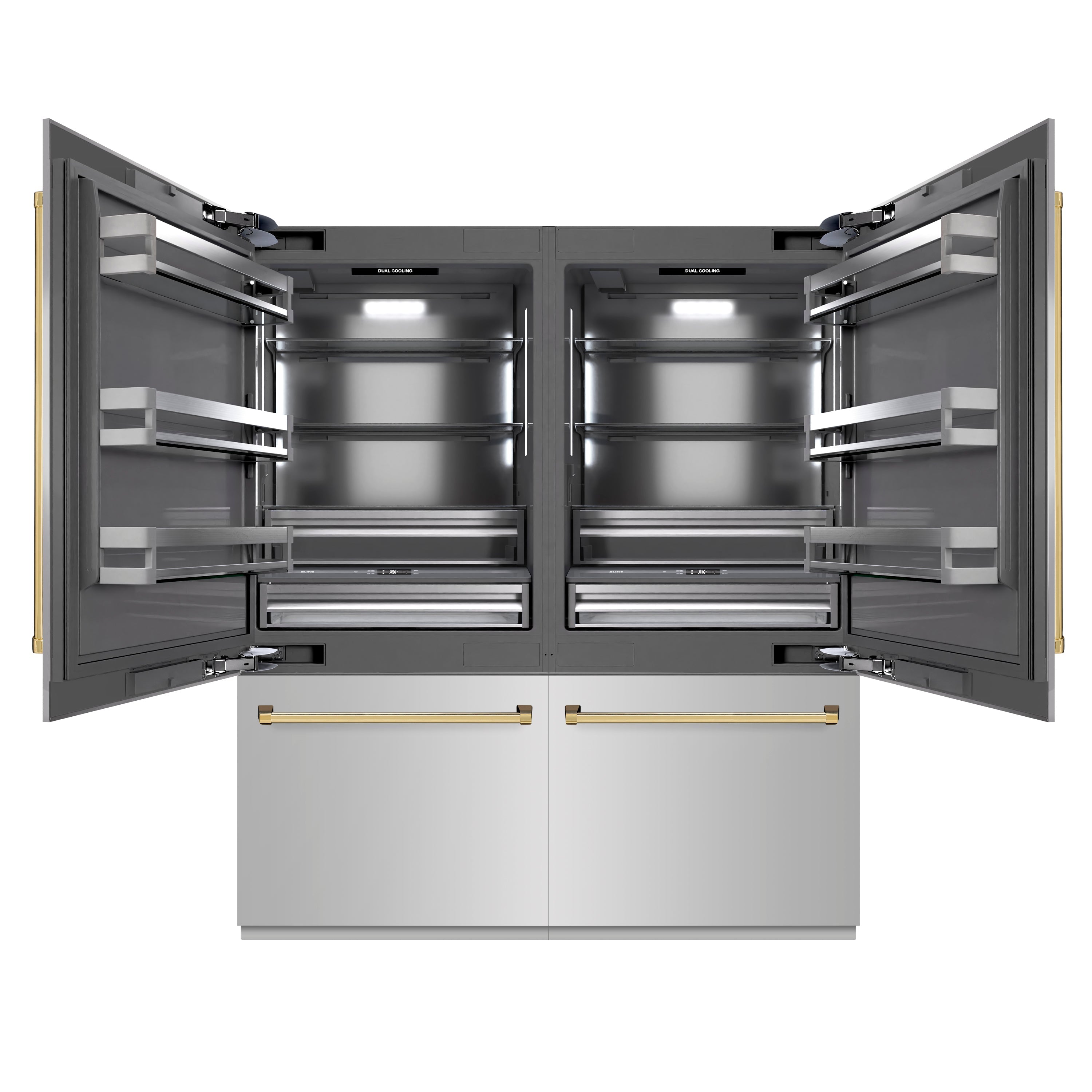 ZLINE 72 in. French Door Built-In Bottom Freezer Refrigerator 39.6 Cu. Ft. Stainless Steel Graphite Gray Interior Water Dispensers Ice Makers Polished Gold Accents (GRBITZ-304-72G)