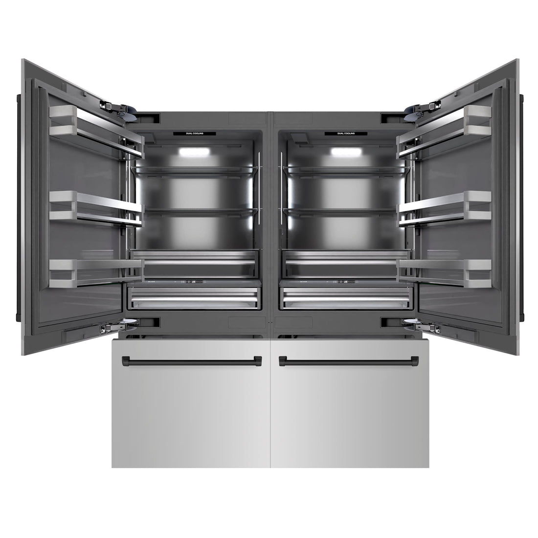 ZLINE 72 in. French Door Built-In Bottom Freezer Refrigerator 39.6 Cu. Ft. Stainless Steel Water Dispensers Ice Makers Matte Black Accents (GRBITZ-304-72MB)