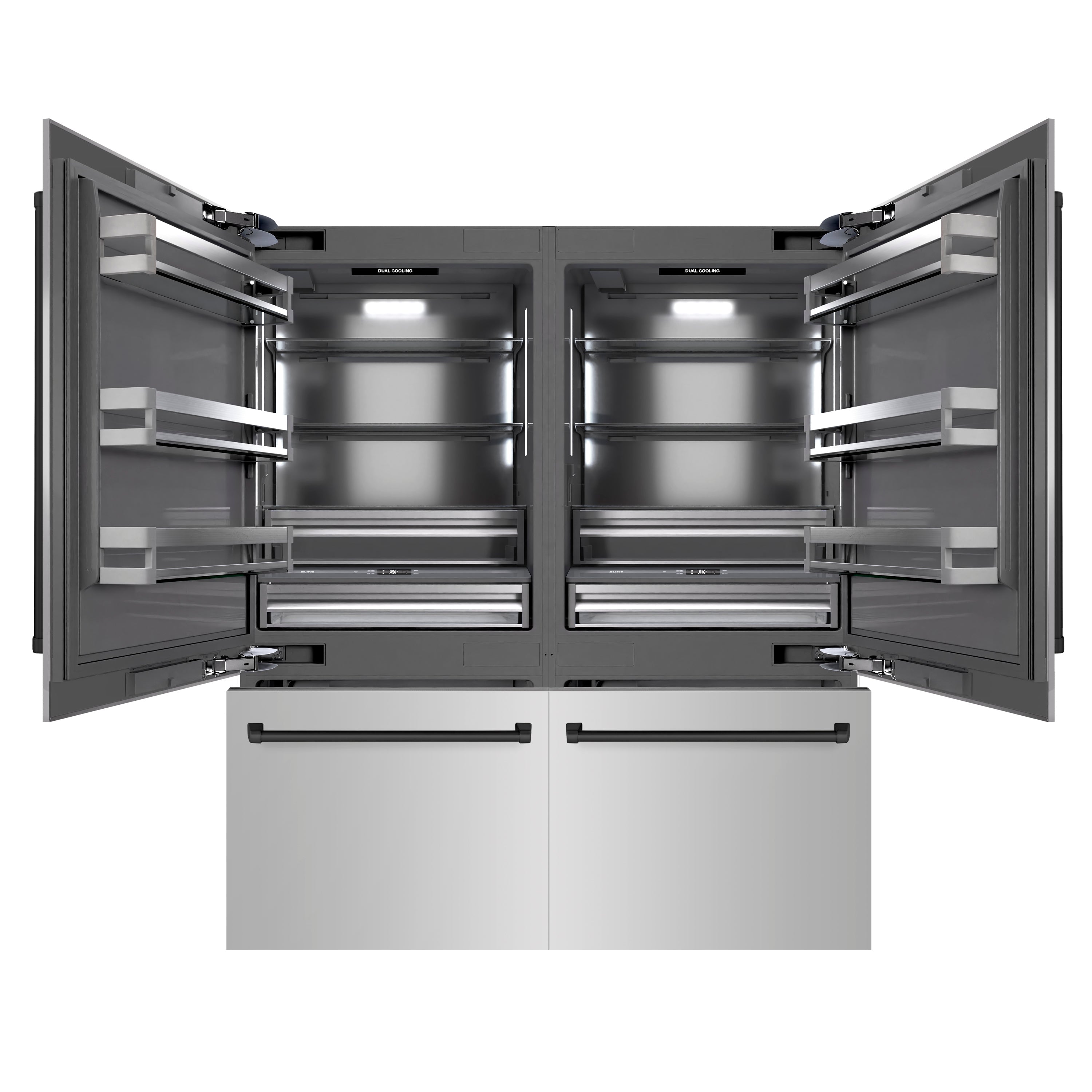 ZLINE 72 in. French Door Built-In Bottom Freezer Refrigerator 39.6 Cu. Ft. Stainless Steel Water Dispensers Ice Makers Matte Black Accents (GRBITZ-304-72MB)