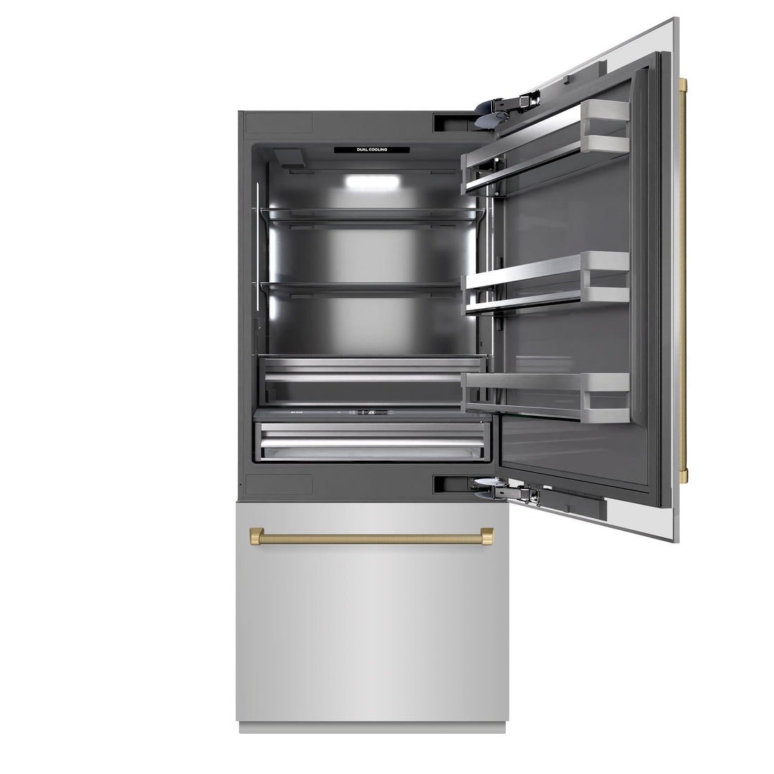 ZLINE 36 in. Built-In Bottom Freezer Refrigerator 19.8 cu. ft. Water Dispenser Ice Maker Stainless Steel Graphite Gray Interior Champagne Bronze Helix Handles (GRBITZ-30436KCB)