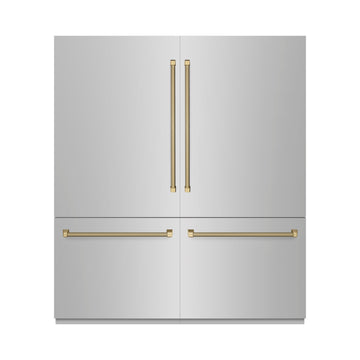 ZLINE 72 in. Built-In French Door Bottom Freezer Refrigerator 39.6 cu. ft. Water Dispensers Ice Makers Stainless Steel Champagne Bronze Handles (GRBITZ-30472KCB)