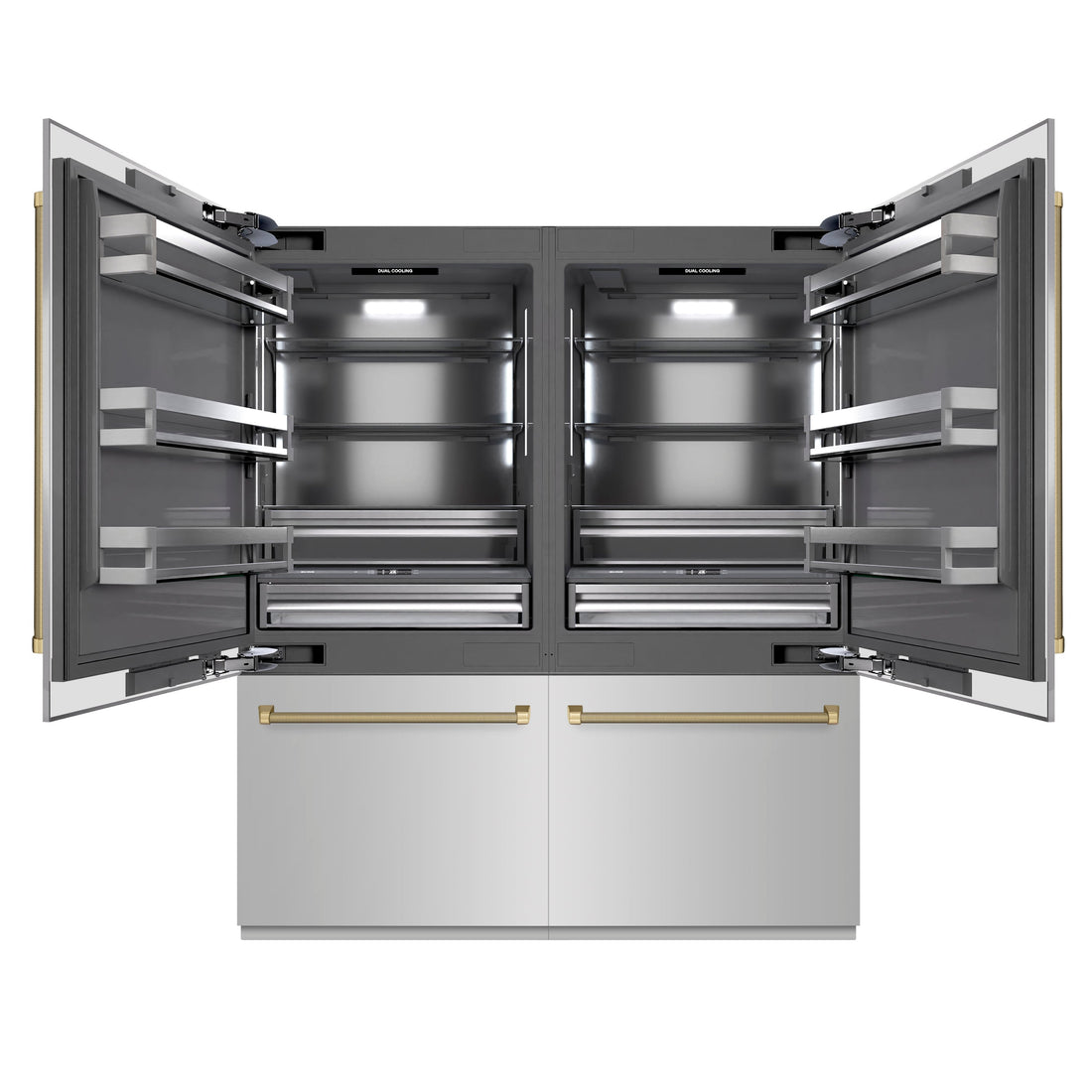 ZLINE 72 in. Built-In French Door Bottom Freezer Refrigerator 39.6 cu. ft. Water Dispensers Ice Makers Stainless Steel Champagne Bronze Handles (GRBITZ-30472KCB)