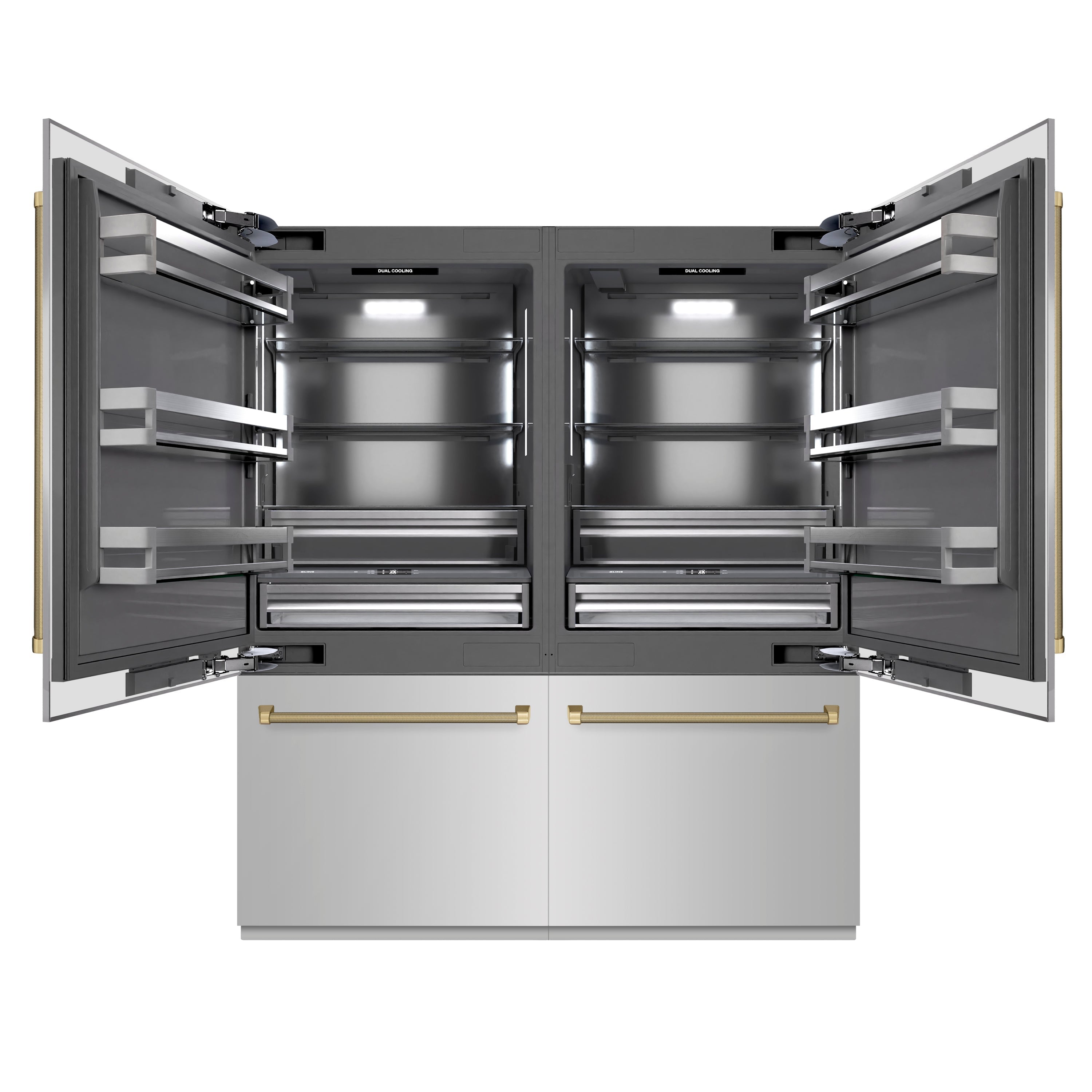 ZLINE 72 in. Built-In French Door Bottom Freezer Refrigerator 39.6 cu. ft. Water Dispensers Ice Makers Stainless Steel Champagne Bronze Handles (GRBITZ-30472KCB)