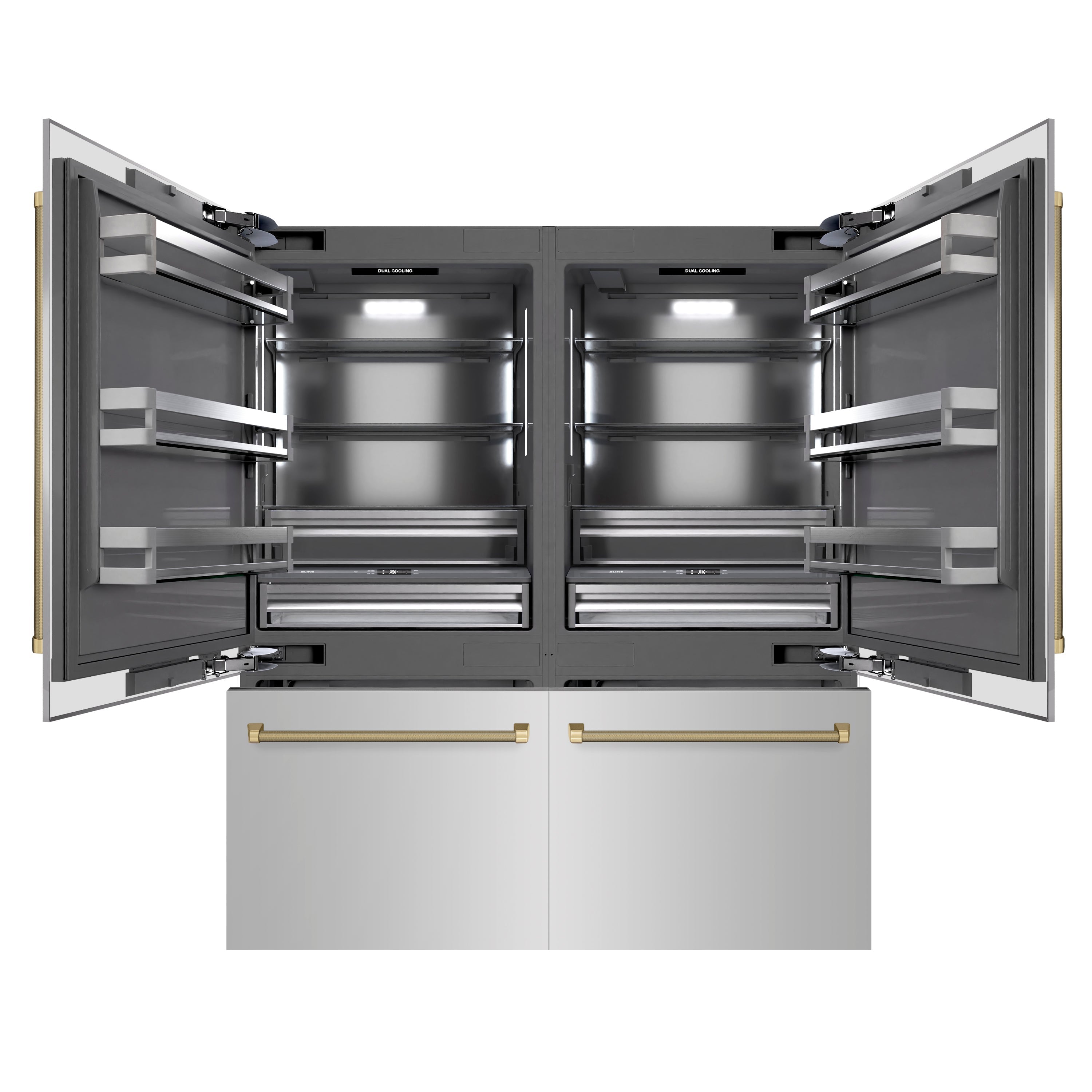 ZLINE 72 in. Built-In French Door Bottom Freezer Refrigerator 39.6 cu. ft. Water Dispensers Ice Makers Stainless Steel Champagne Bronze Handles (GRBITZ-30472KCB)