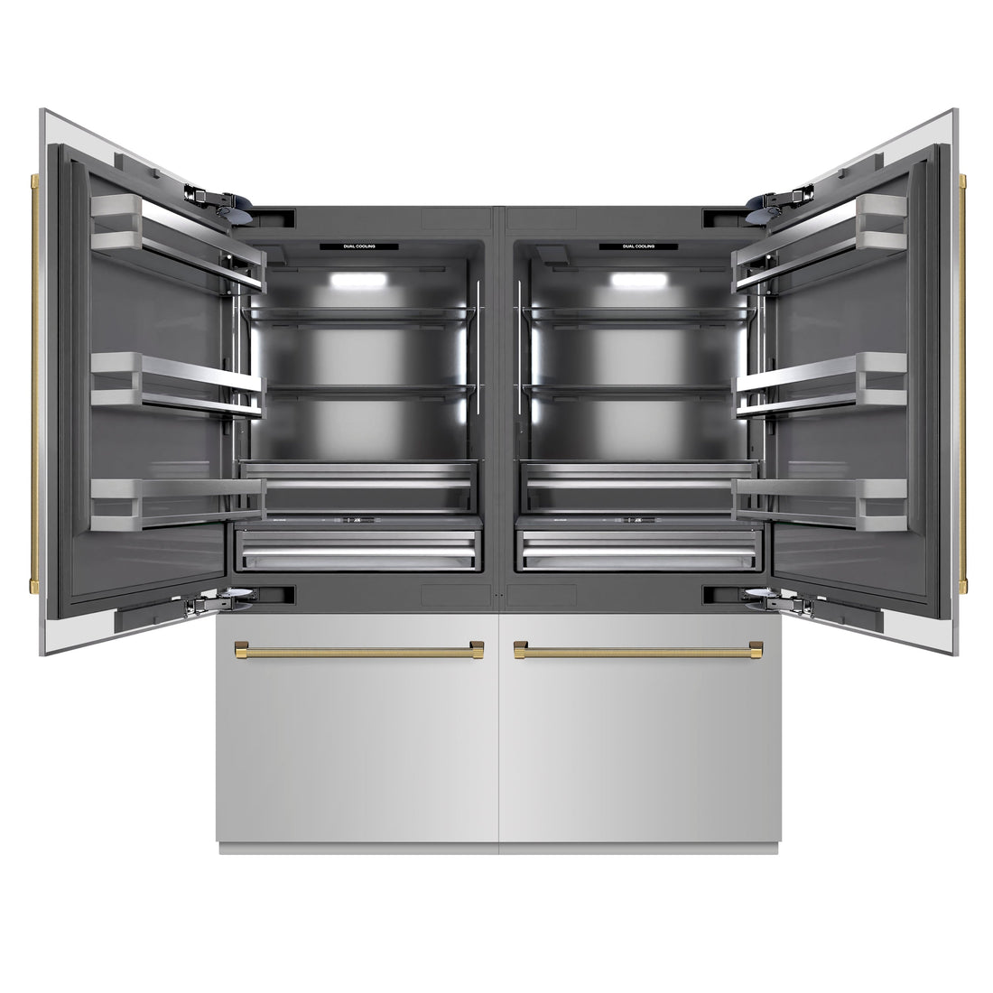 ZLINE 72 in. French Door Built-In Bottom Freezer Refrigerator, 39.6 Cu. Ft., Water Dispensers, Ice Makers, Stainless Steel, Graphite Gray Interior, Polished Gold Helix Handles (GRBITZ-30472KG)