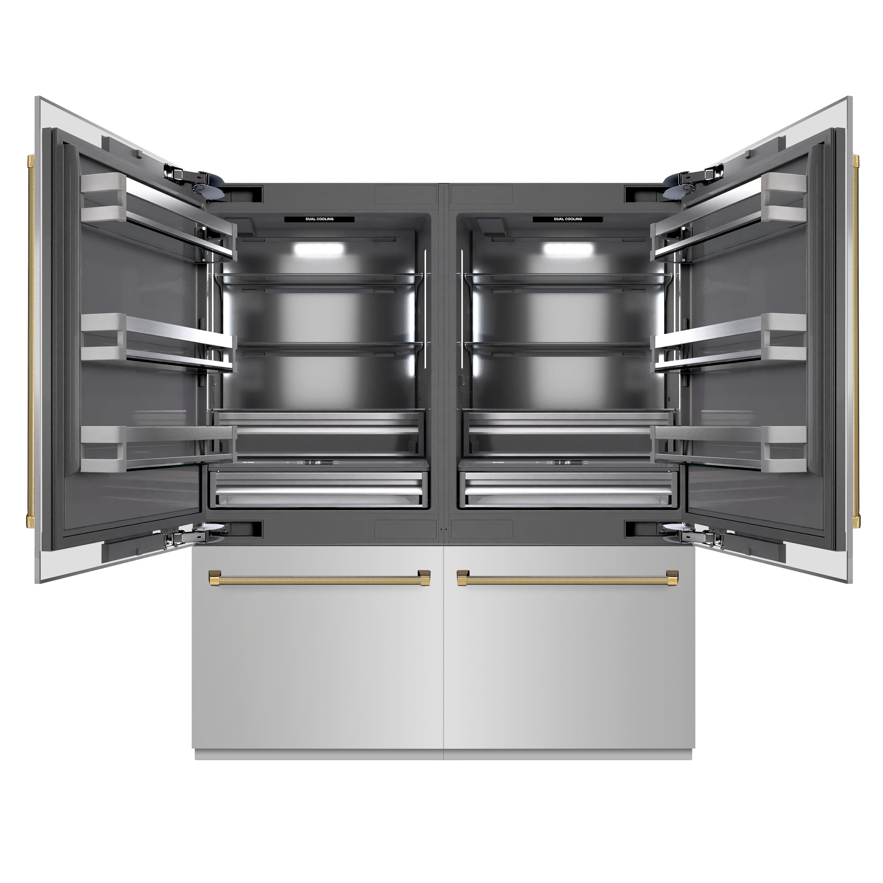 ZLINE 72 in. French Door Built-In Bottom Freezer Refrigerator, 39.6 Cu. Ft., Water Dispensers, Ice Makers, Stainless Steel, Graphite Gray Interior, Polished Gold Helix Handles (GRBITZ-30472KG)