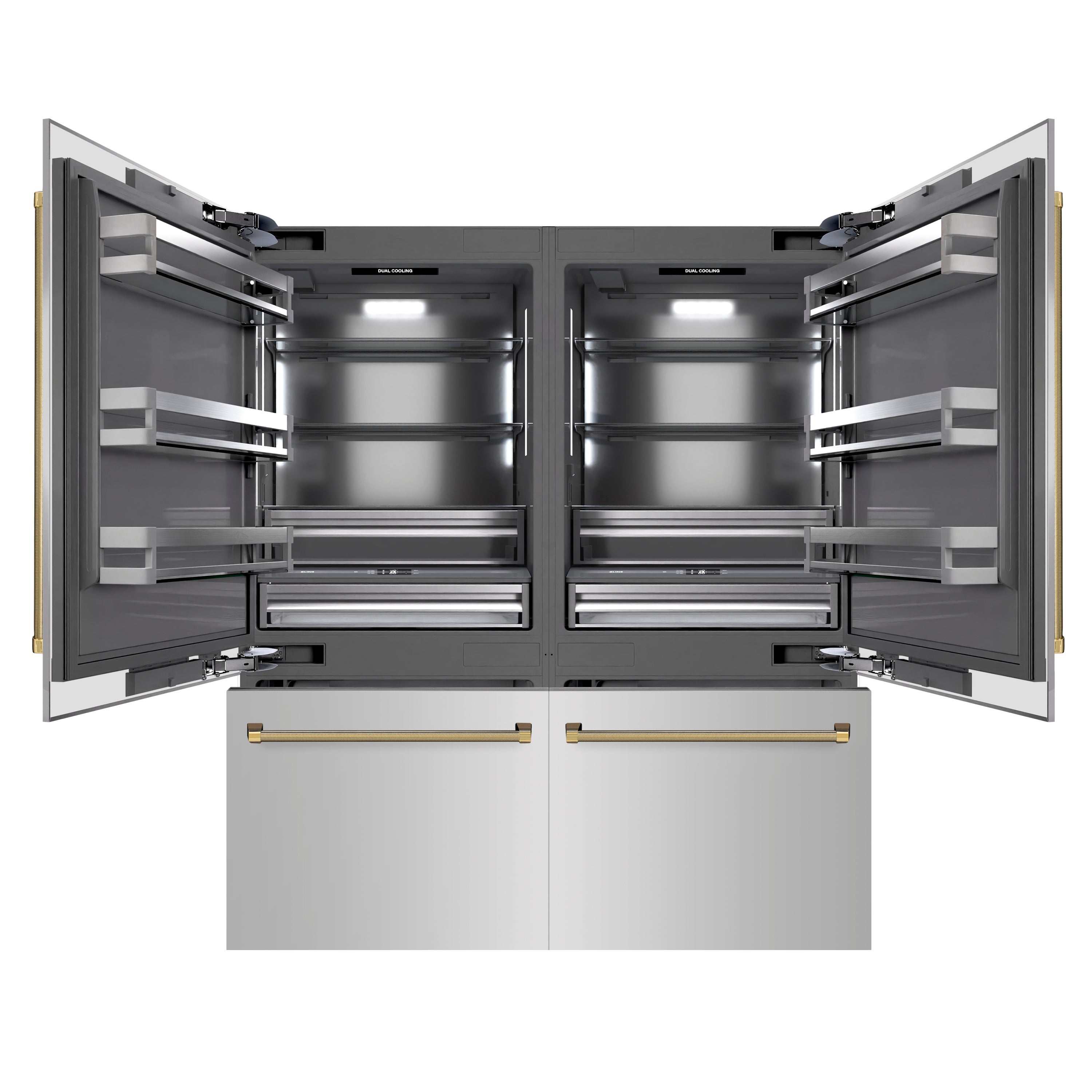 ZLINE 72 in. French Door Built-In Bottom Freezer Refrigerator, 39.6 Cu. Ft., Water Dispensers, Ice Makers, Stainless Steel, Graphite Gray Interior, Polished Gold Helix Handles (GRBITZ-30472KG)