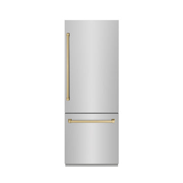 ZLINE 30 in. Built-In Bottom Freezer Refrigerator 16.1 Cu. Ft. Water Dispenser Ice Maker Stainless Steel Graphite Gray Interior Champagne Bronze Accents (GRBIVZ-304-30CB)