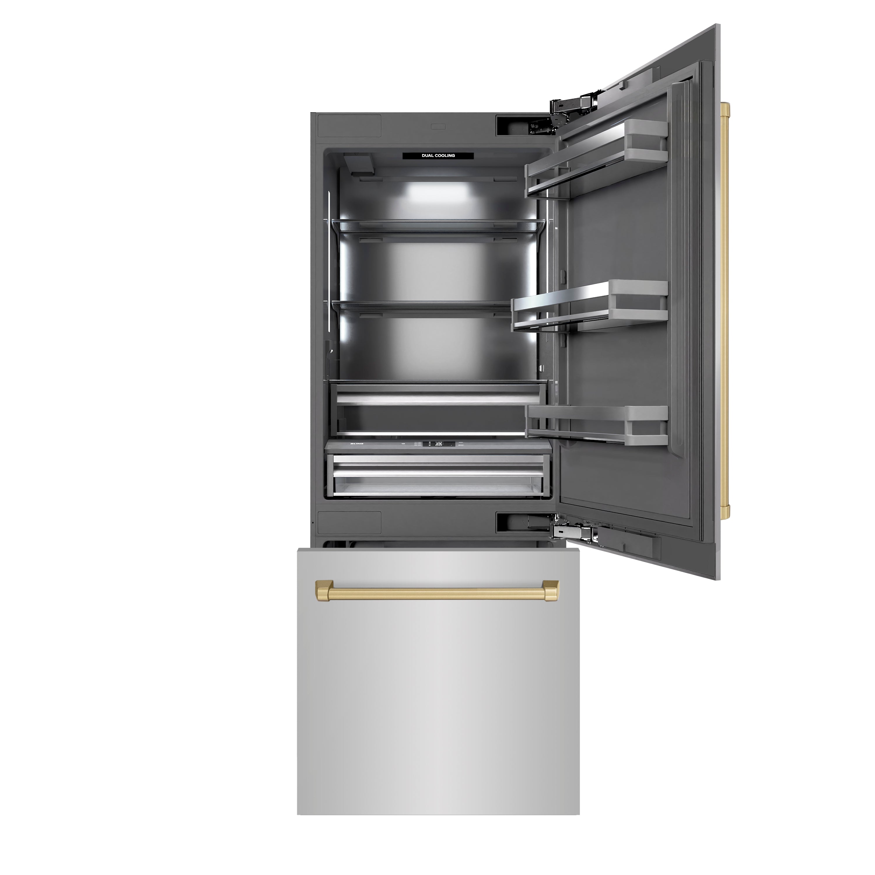 ZLINE 30 in. Built-In Bottom Freezer Refrigerator 16.1 Cu. Ft. Water Dispenser Ice Maker Stainless Steel Graphite Gray Interior Champagne Bronze Accents (GRBIVZ-304-30CB)