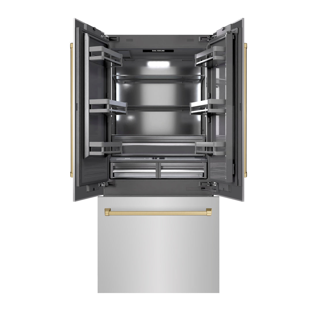 ZLINE 36 in. French Door Built-In Bottom Freezer Refrigerator 19.6 Cu. Ft. Stainless Steel with Water Dispenser, Ice Maker, Champagne Bronze Accents (GRBIVZ-304-36CB)