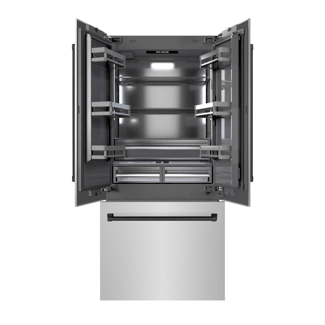 ZLINE 36 in. Built-In Bottom Freezer Refrigerator, French Door, 19.6 Cu. Ft., Water Dispenser, Ice Maker, Stainless Steel, Graphite Gray Interior, Matte Black Accents (GRBIVZ-304-36MB)