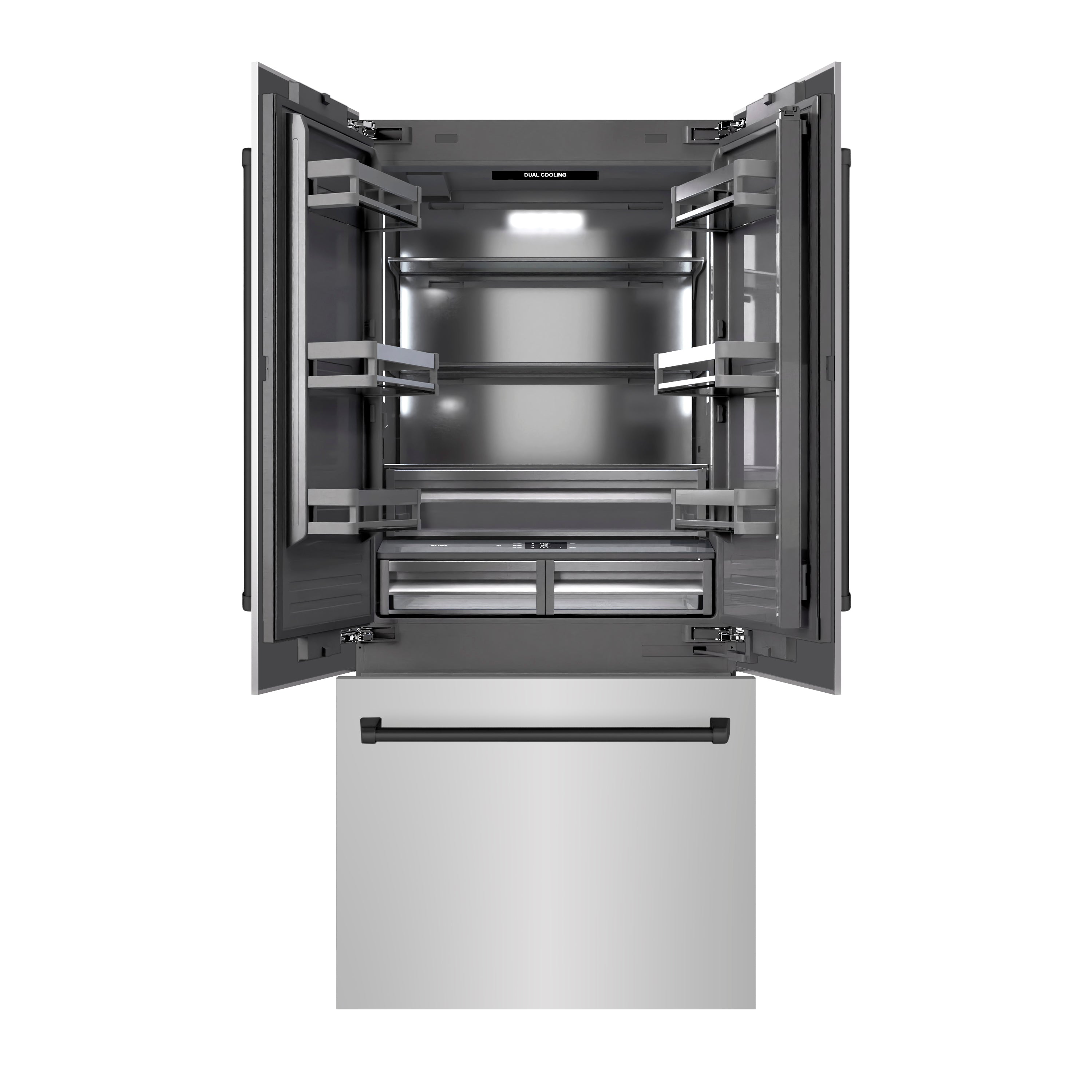 ZLINE 36 in. Built-In Bottom Freezer Refrigerator, French Door, 19.6 Cu. Ft., Water Dispenser, Ice Maker, Stainless Steel, Graphite Gray Interior, Matte Black Accents (GRBIVZ-304-36MB)
