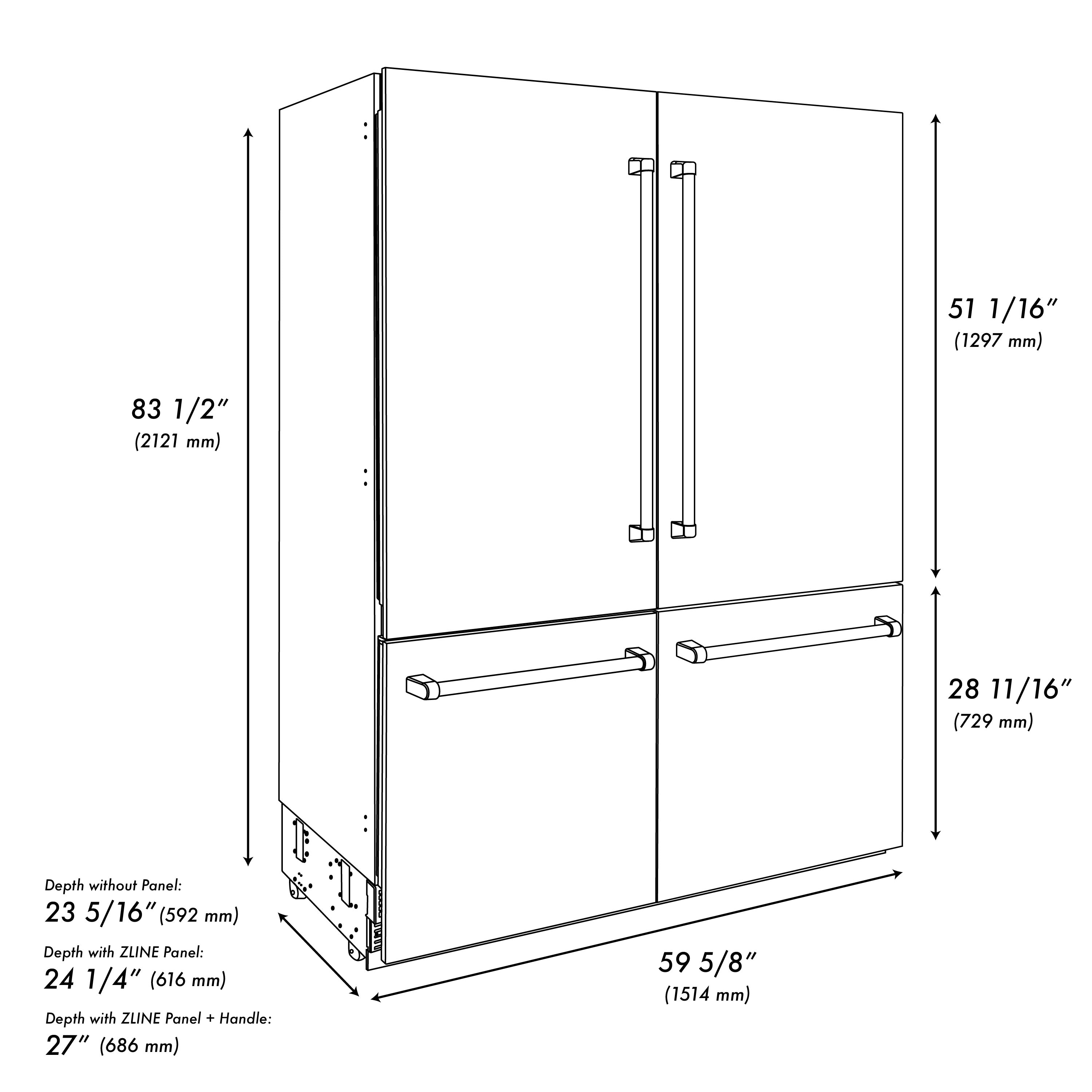 ZLINE 60 in. French Door Built-In Bottom Freezer Refrigerator 32.2 Cu. Ft. Water Dispenser Ice Maker Stainless Steel Graphite Gray Interior Champagne Bronze Accents (GRBIVZ-304-60CB)