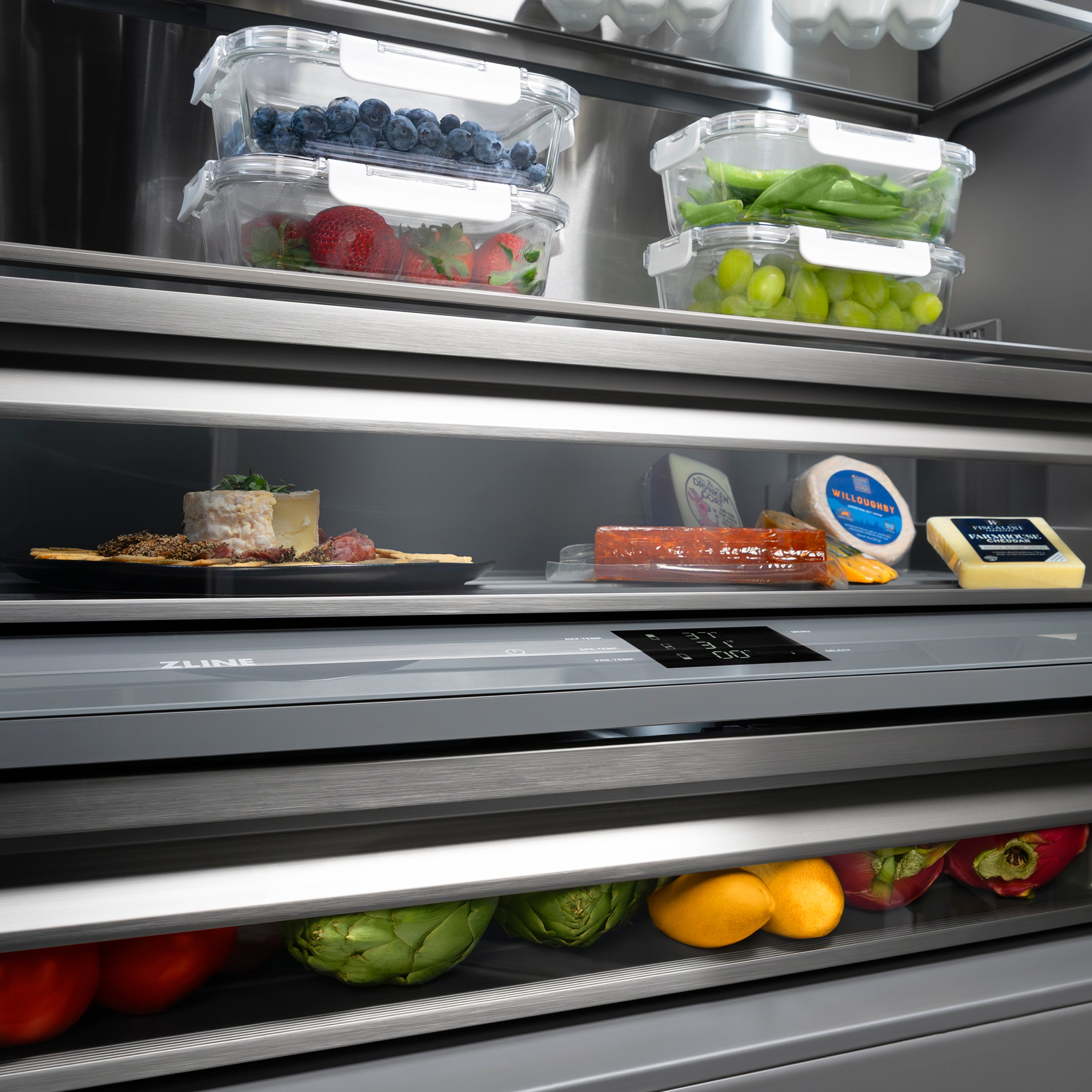 ZLINE 30 in. Built-In Bottom Freezer Refrigerator 16.1 cu. ft. Water Dispenser Ice Maker Stainless Steel Champagne Bronze Helix Handles Graphite Gray Interior (GRBIVZ-30430KCB)