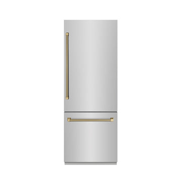 ZLINE 30 in. Built-In Bottom Freezer Refrigerator 16.1 cu. ft. Water Dispenser Ice Maker Stainless Steel Champagne Bronze Helix Handles Graphite Gray Interior (GRBIVZ-30430KCB)