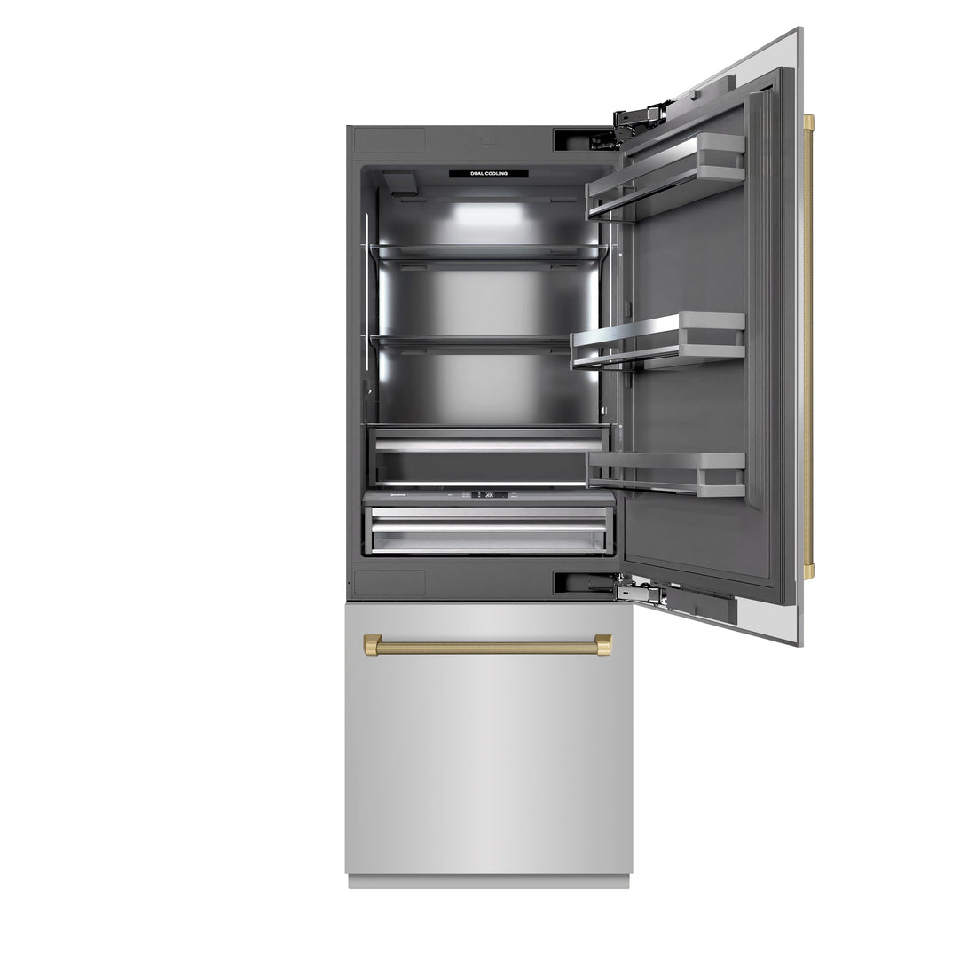 ZLINE 30 in. Built-In Bottom Freezer Refrigerator 16.1 cu. ft. Water Dispenser Ice Maker Stainless Steel Champagne Bronze Helix Handles Graphite Gray Interior (GRBIVZ-30430KCB)