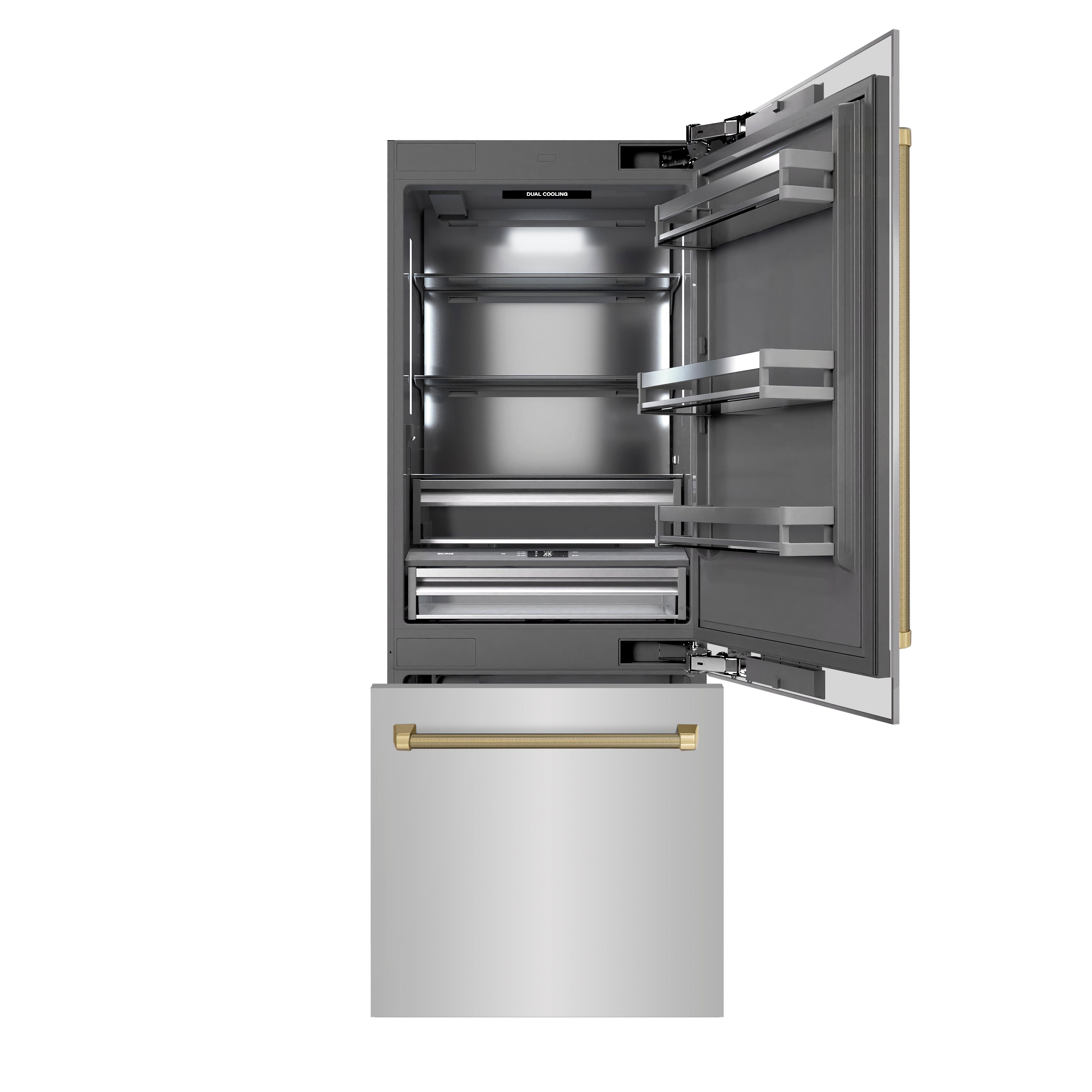 ZLINE 30 in. Built-In Bottom Freezer Refrigerator 16.1 cu. ft. Water Dispenser Ice Maker Stainless Steel Champagne Bronze Helix Handles Graphite Gray Interior (GRBIVZ-30430KCB)