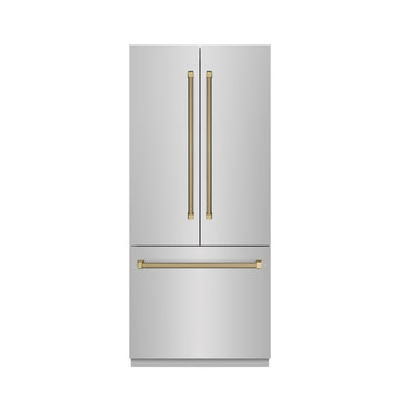ZLINE 36 in. Built-In French Door Bottom Freezer Refrigerator 19.6 cu. ft. Water Dispenser Ice Maker Stainless Steel Graphite Gray Interior Champagne Bronze Helix Handles (GRBIVZ-30436KCB)