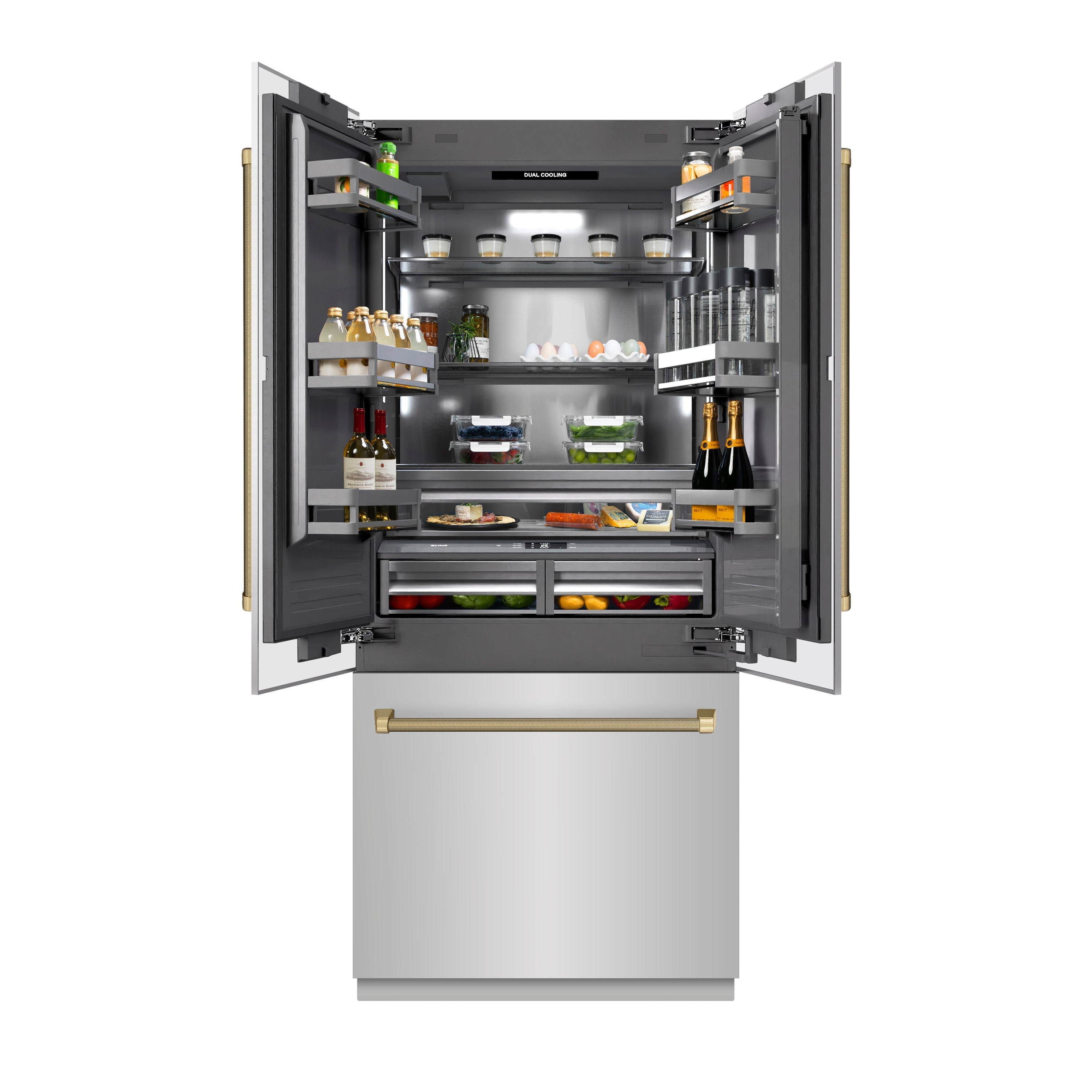 ZLINE 36 in. Built-In French Door Bottom Freezer Refrigerator 19.6 cu. ft. Water Dispenser Ice Maker Stainless Steel Graphite Gray Interior Champagne Bronze Helix Handles (GRBIVZ-30436KCB)