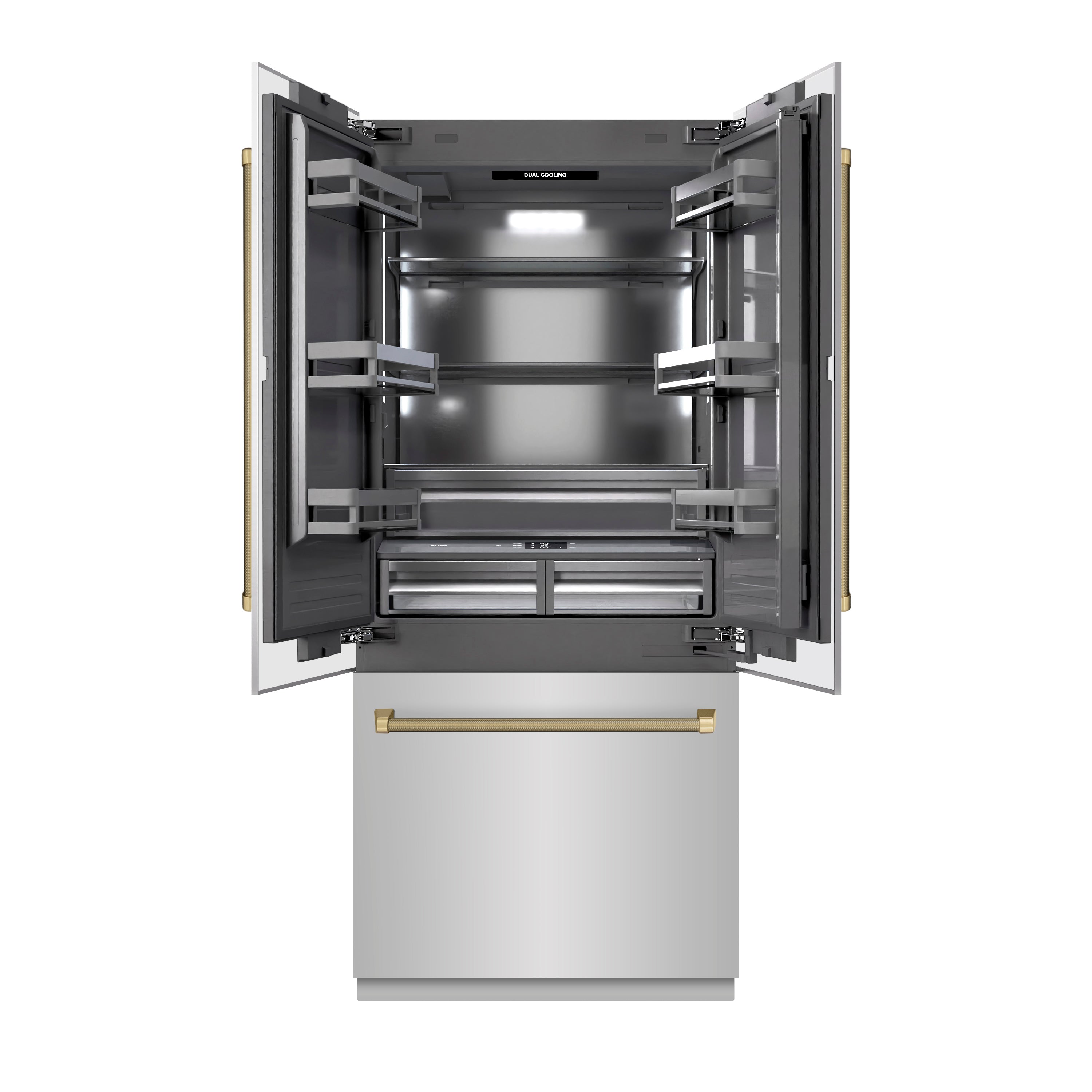 ZLINE 36 in. Built-In French Door Bottom Freezer Refrigerator 19.6 cu. ft. Water Dispenser Ice Maker Stainless Steel Graphite Gray Interior Champagne Bronze Helix Handles (GRBIVZ-30436KCB)