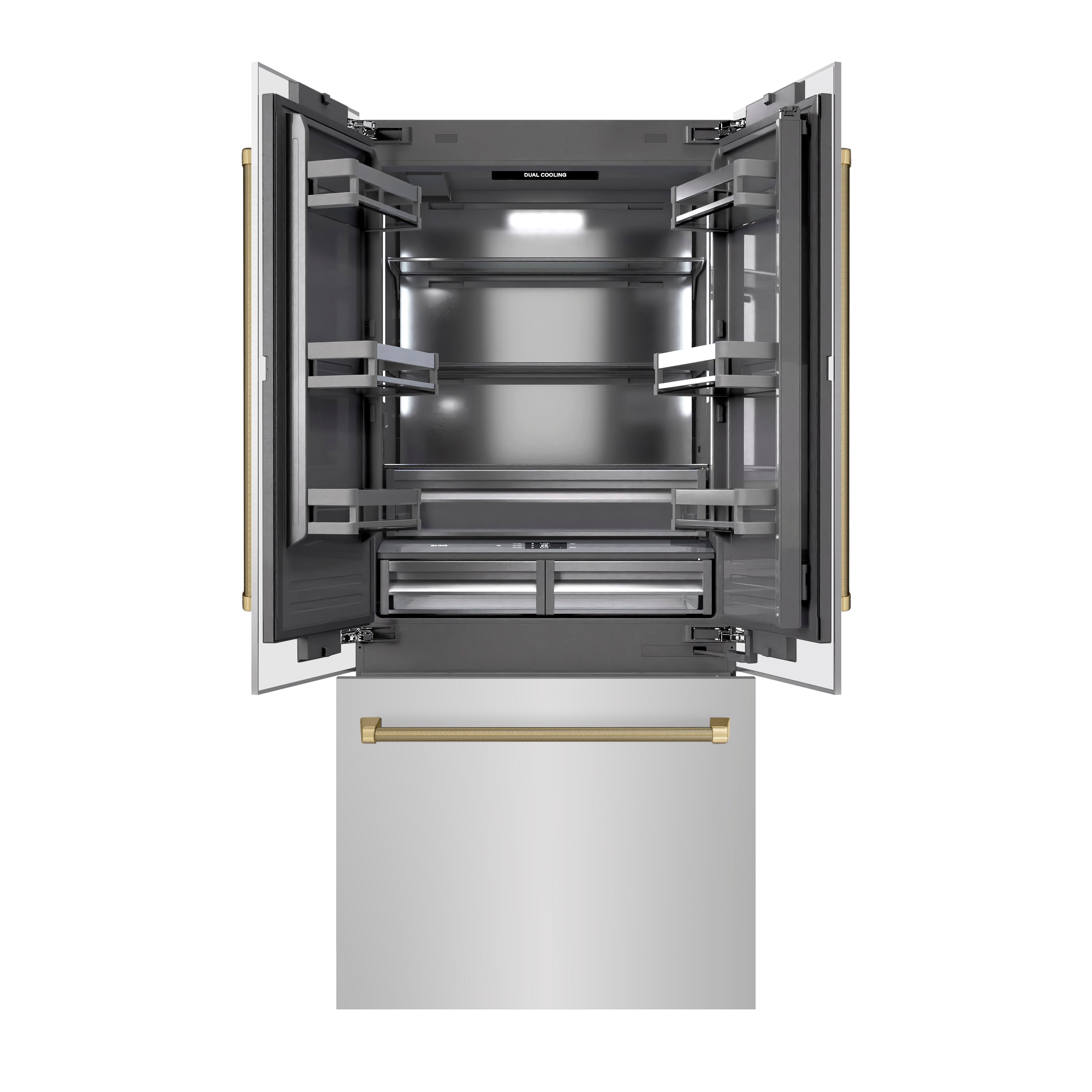 ZLINE 36 in. Built-In French Door Bottom Freezer Refrigerator 19.6 cu. ft. Water Dispenser Ice Maker Stainless Steel Graphite Gray Interior Champagne Bronze Helix Handles (GRBIVZ-30436KCB)