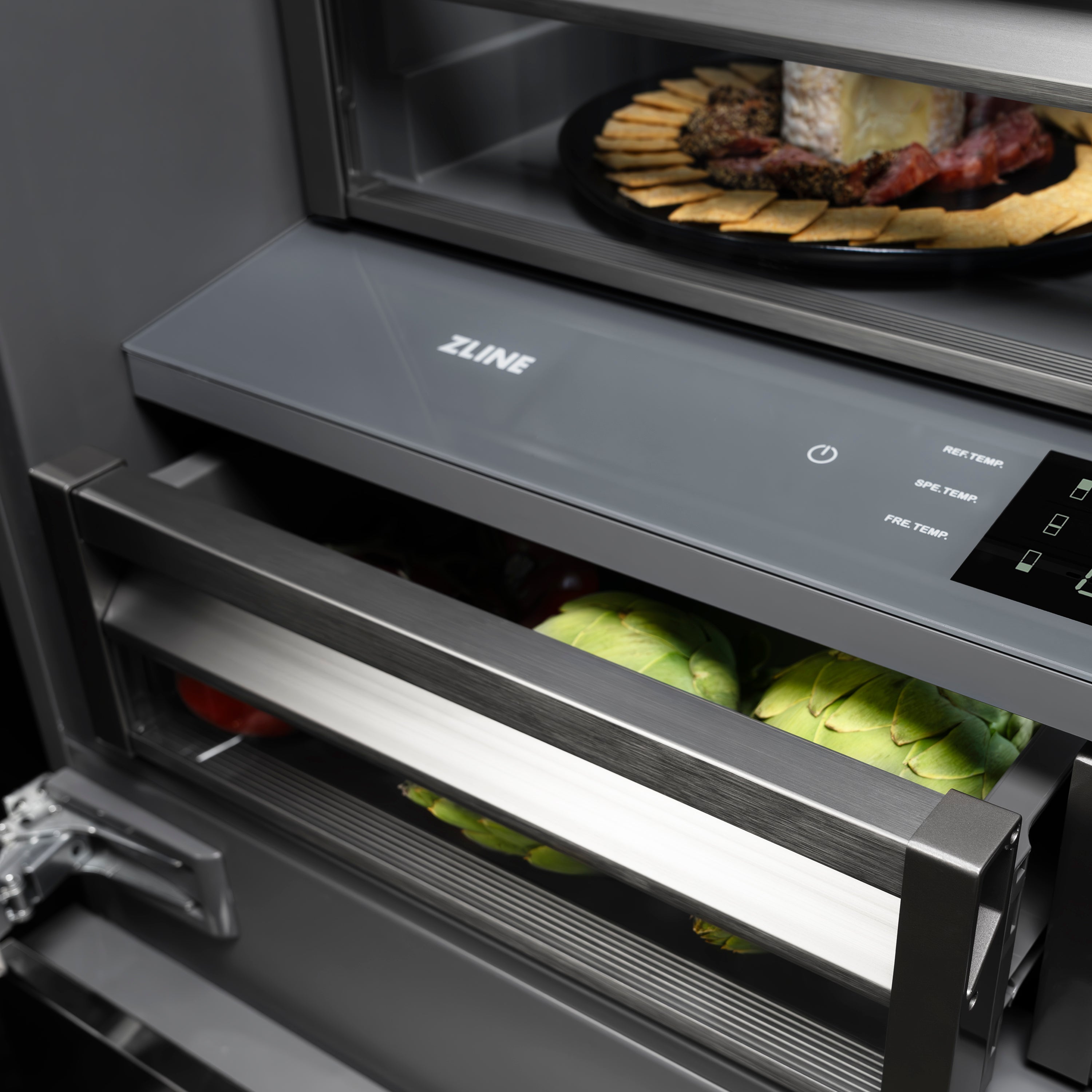 ZLINE 36 in. Built-In French Door Refrigerator 19.6 cu. ft. Bottom Freezer, Water Dispenser, Ice Maker, Stainless Steel, Graphite Gray Interior, Polished Gold Helix Handles (GRBIVZ-30436KG)