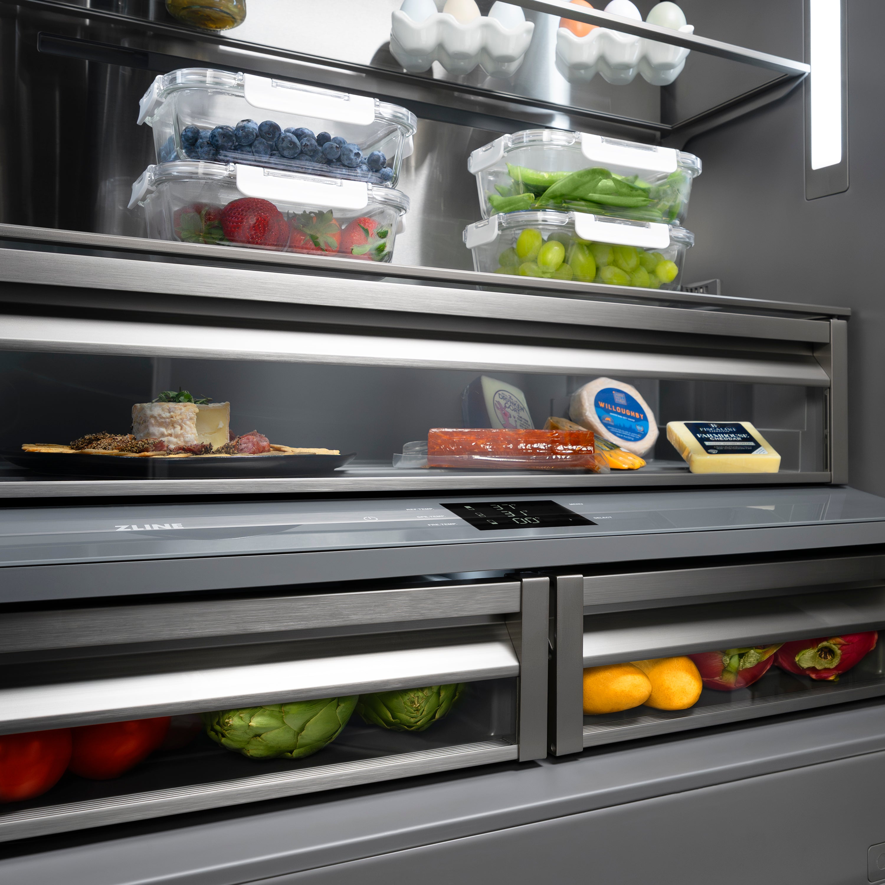ZLINE 36 in. French Door Built-In Bottom Freezer Refrigerator 19.6 cu. ft. with Water Dispenser, Ice Maker, Graphite Gray Interior, Polished Nickel Helix Handles (GRBIVZ-30436KPN)