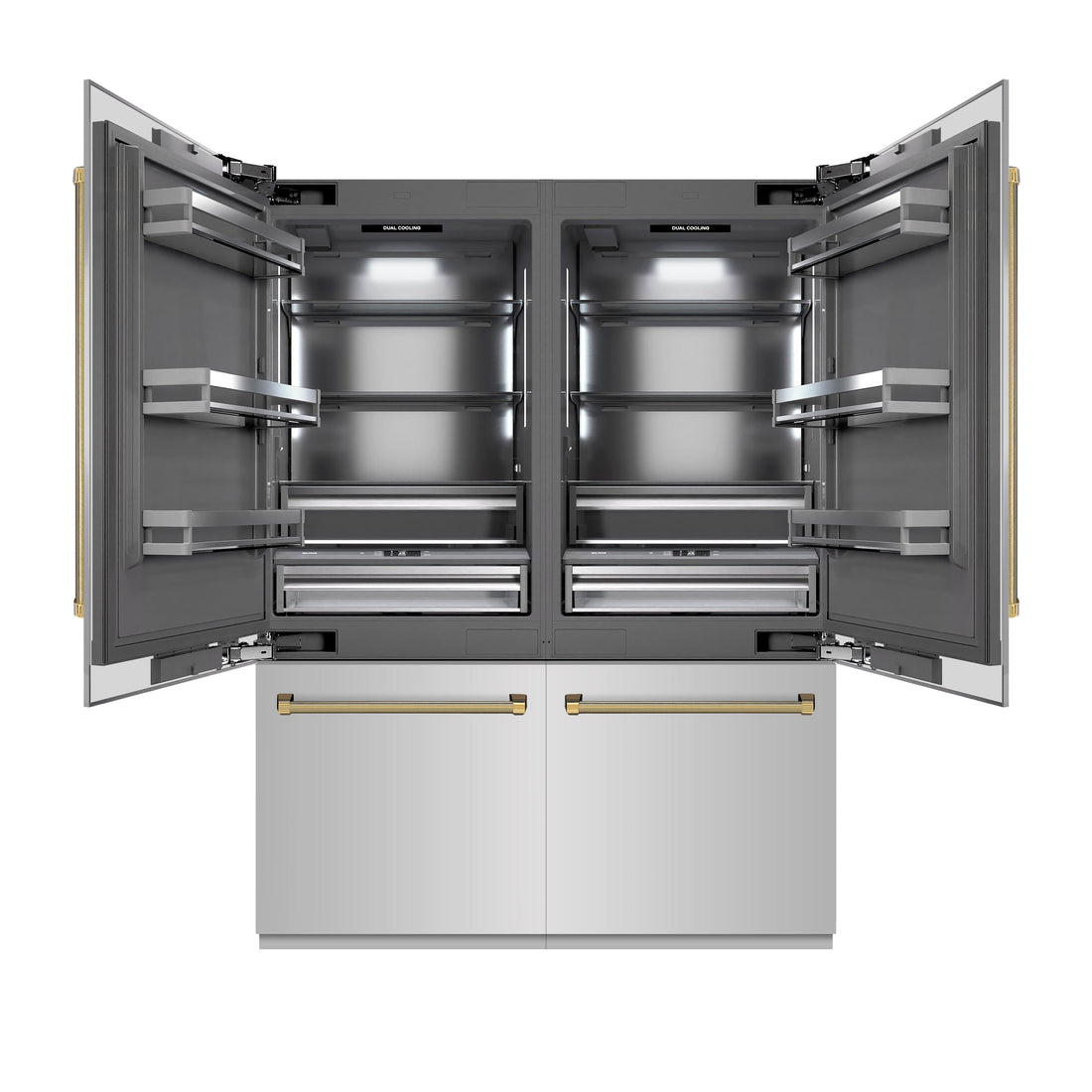 ZLINE 60 in. French Door Built-In Bottom Freezer Refrigerator 32.2 cu. ft. Water Dispenser Ice Maker Stainless Steel Graphite Gray Interior Polished Gold Helix Handles (GRBIVZ-30460KG)