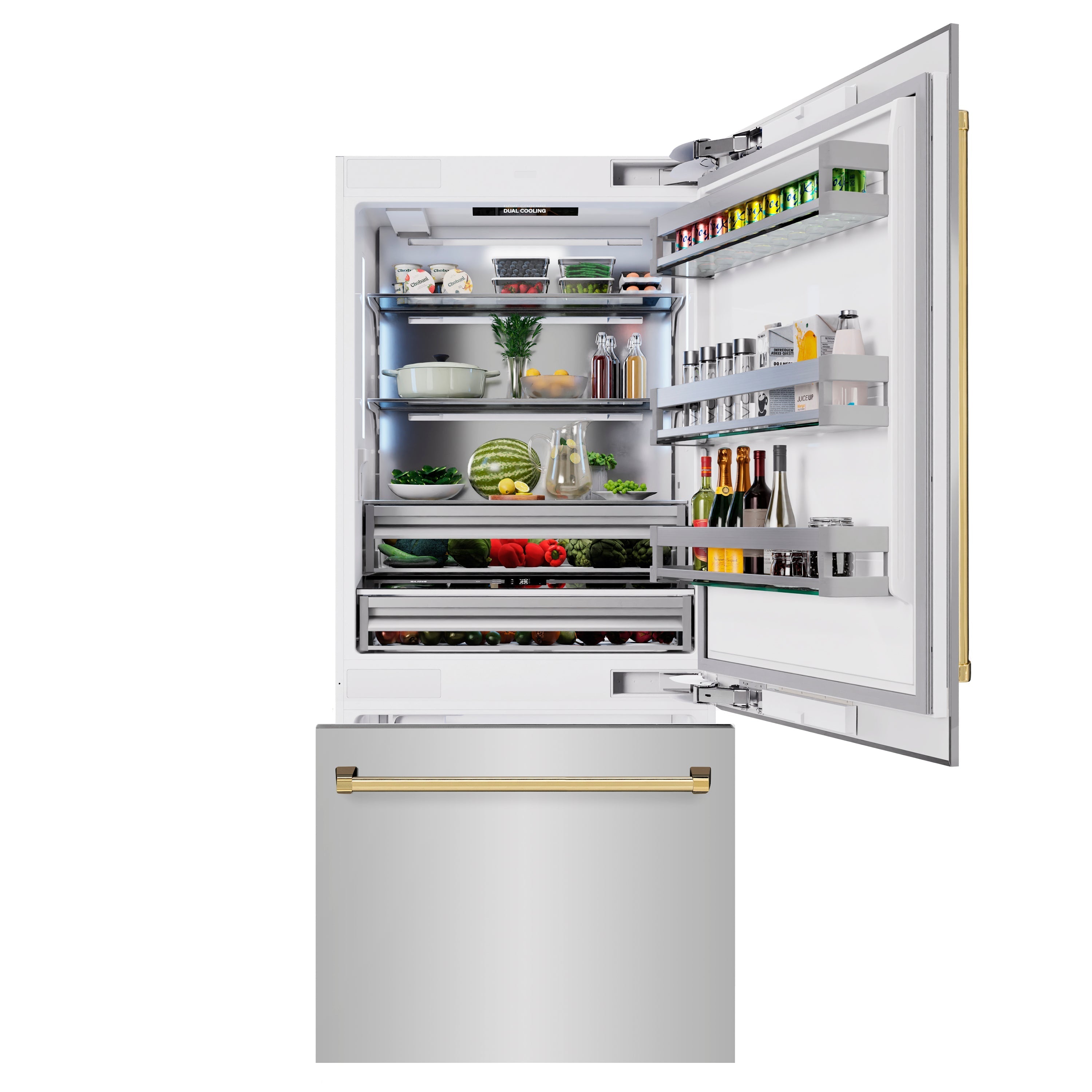 ZLINE 36 in. Built-In Bottom Freezer Refrigerator 19.8 cu. ft. Water Dispenser Ice Maker Stainless Steel Polished Gold Accents (RBITZ-304-36G)