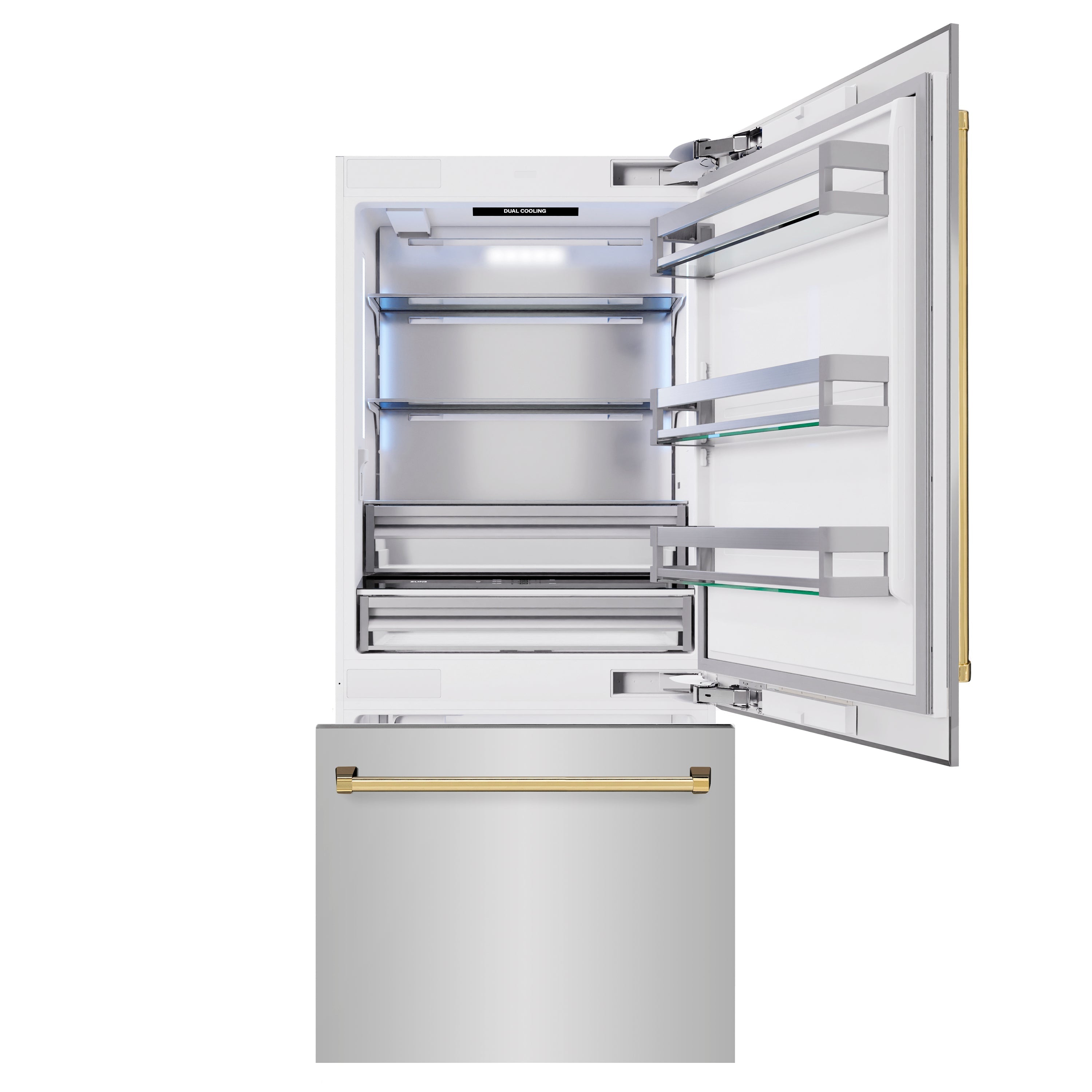 ZLINE 36 in. Built-In Bottom Freezer Refrigerator 19.8 cu. ft. Water Dispenser Ice Maker Stainless Steel Polished Gold Accents (RBITZ-304-36G)