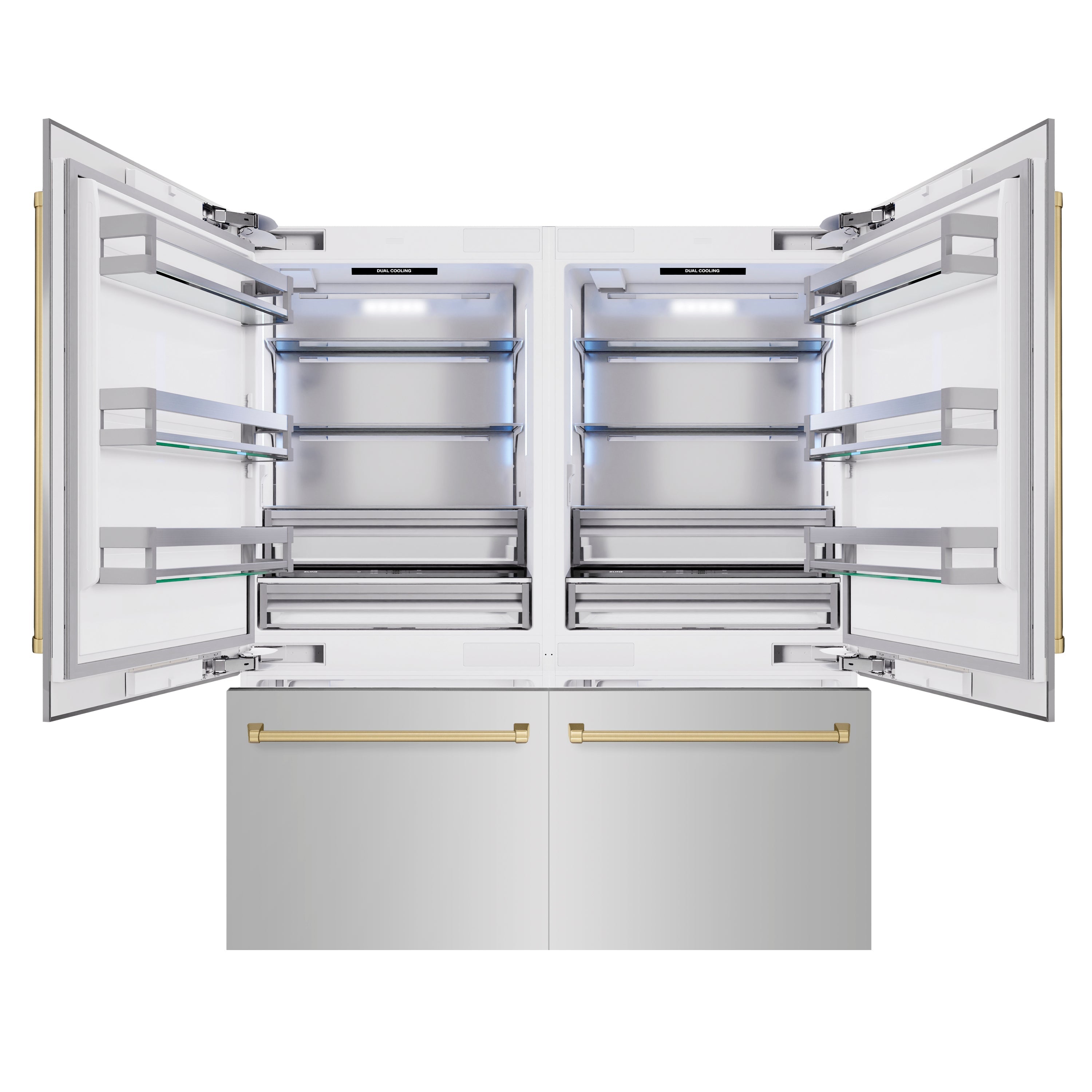 ZLINE 72 in. French Door Built-In Bottom Freezer Refrigerator 39.6 cu. ft. with Water Dispensers, Ice Makers, Stainless Steel, Champagne Bronze Accents (RBITZ-304-72CB)