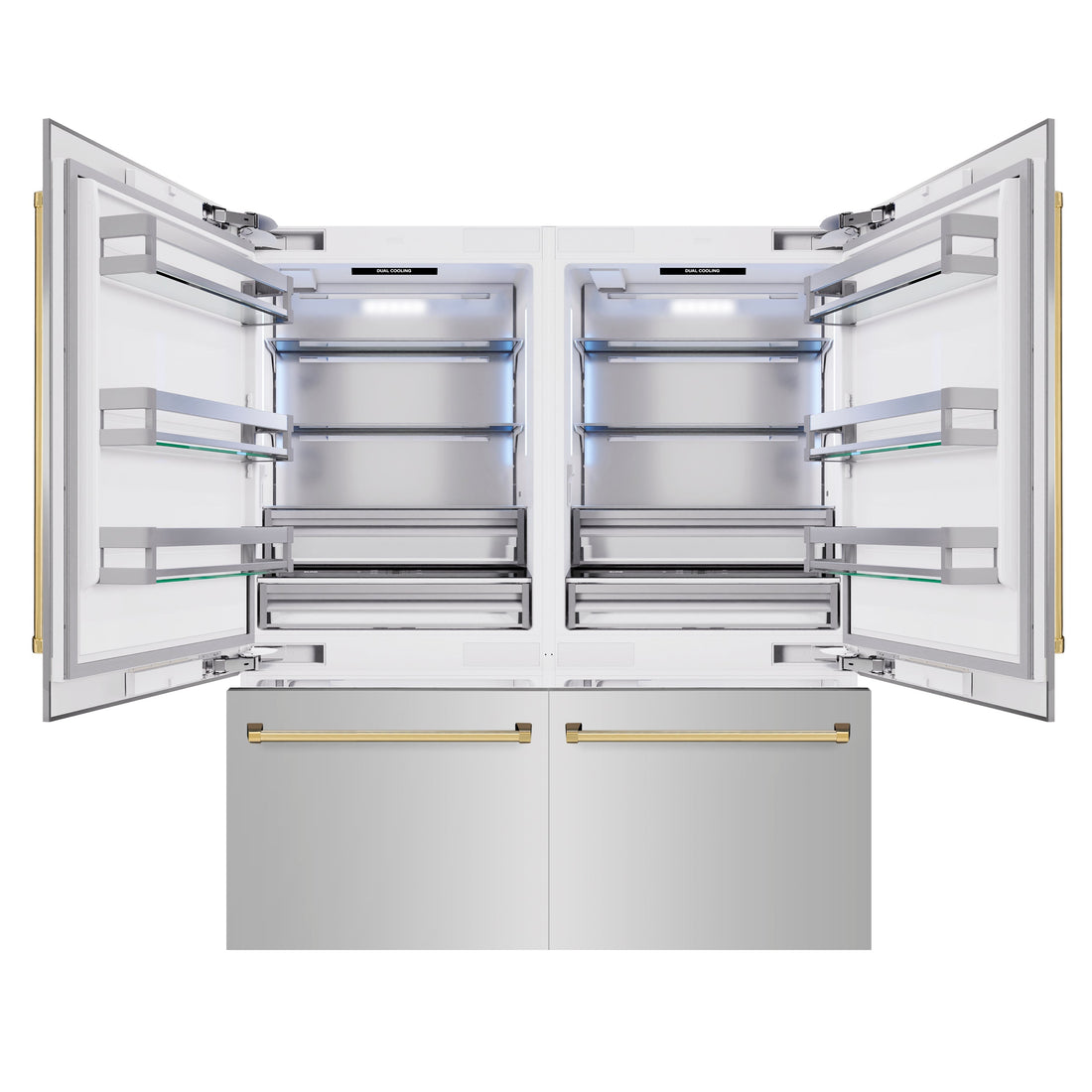 ZLINE 72 in. Built-In French Door Bottom Freezer Refrigerator 39.6 cu. ft. Stainless Steel with Water Dispensers, Ice Makers & Polished Gold Accents (RBITZ-304-72G)