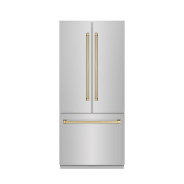 ZLINE 36 in. French Door Built-In Bottom Freezer Refrigerator 19.6 cu. ft. with Water Dispenser, Ice Maker, Stainless Steel Finish, Stainless Steel Interior, Champagne Bronze Accents (SRBIVZ-304-36CB)