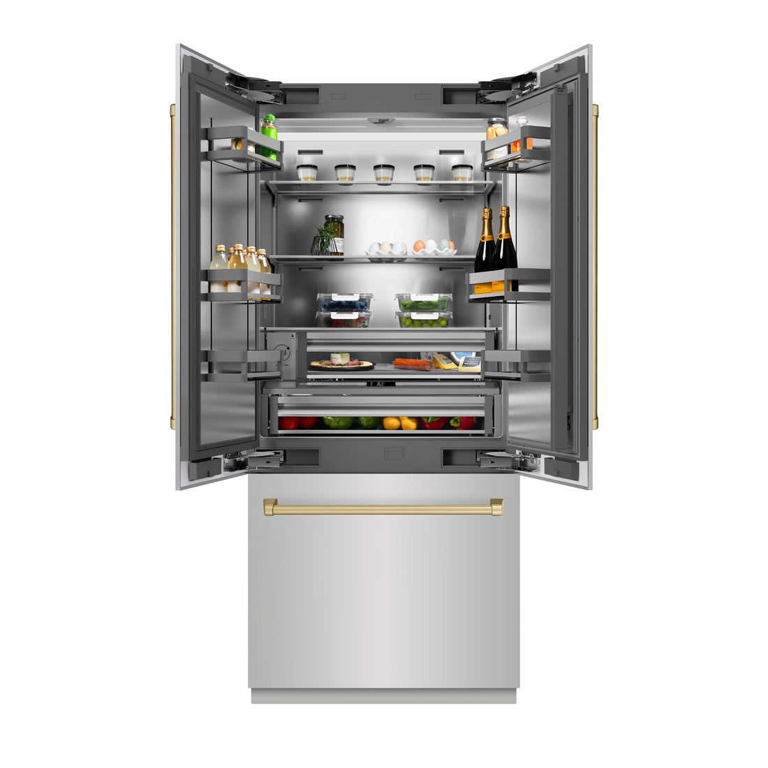 ZLINE 36 in. French Door Built-In Bottom Freezer Refrigerator 19.6 cu. ft. with Water Dispenser, Ice Maker, Stainless Steel Finish, Stainless Steel Interior, Champagne Bronze Accents (SRBIVZ-304-36CB)