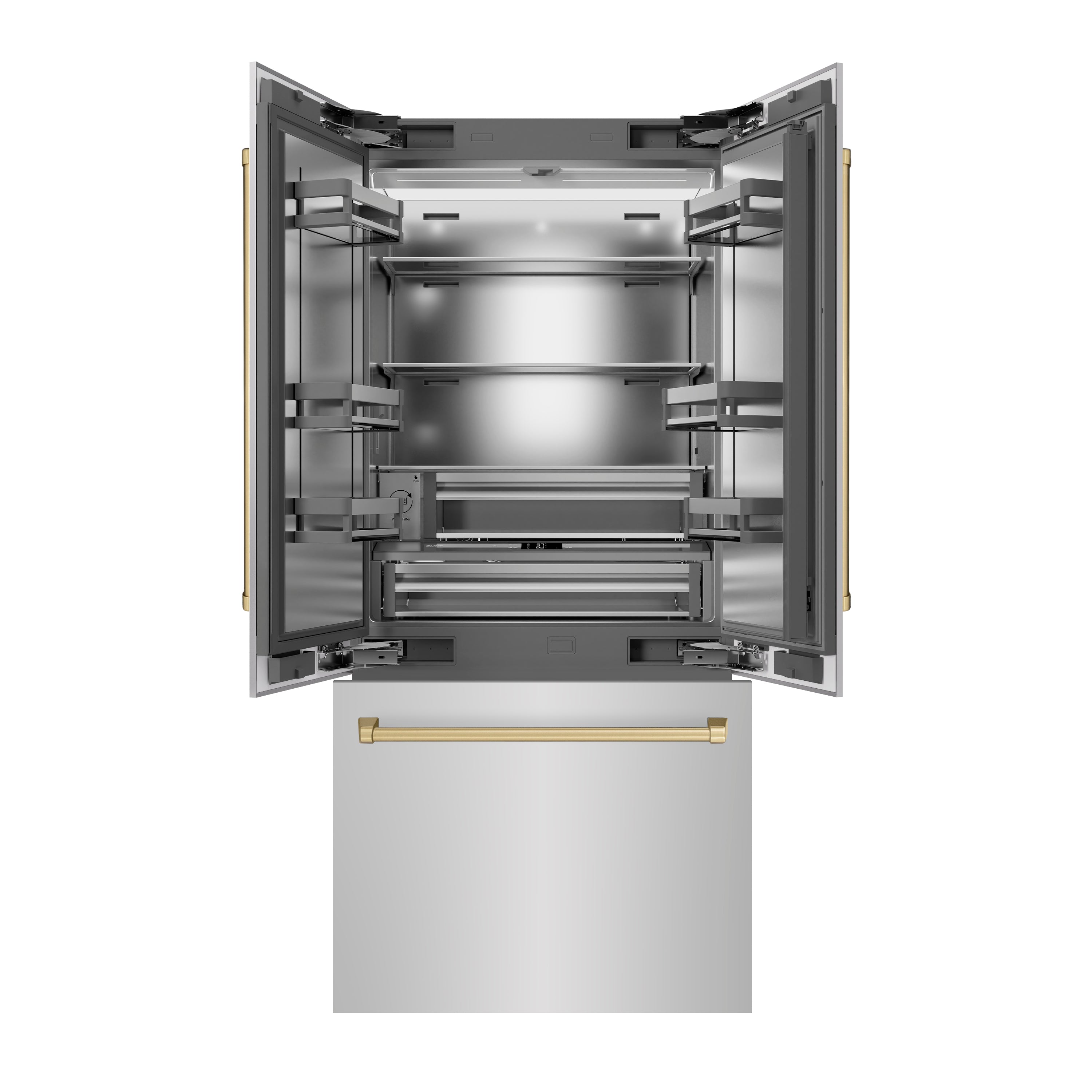 ZLINE 36 in. French Door Built-In Bottom Freezer Refrigerator 19.6 cu. ft. with Water Dispenser, Ice Maker, Stainless Steel Finish, Stainless Steel Interior, Champagne Bronze Accents (SRBIVZ-304-36CB)