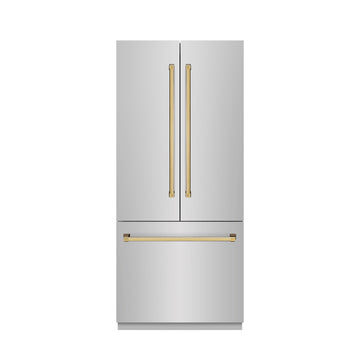 ZLINE 36 in. Built-In French Door Refrigerator 19.6 Cu. Ft. Stainless Steel Water Dispenser Ice Maker Polished Gold Accents (SRBIVZ-304-36G)