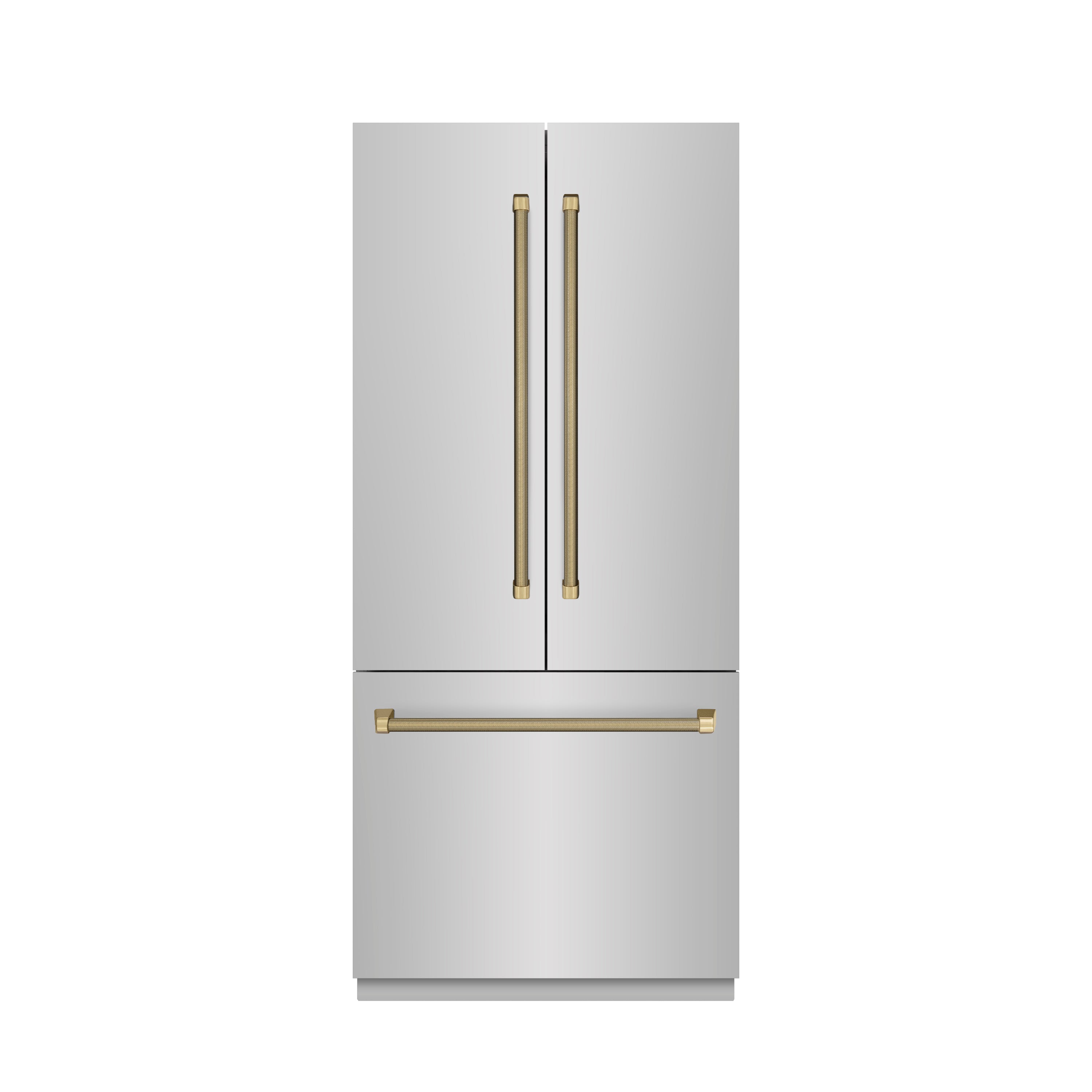 ZLINE 36 in. French Door Built-In Bottom Freezer Refrigerator, 19.6 cu. ft., Water Dispenser, Ice Maker, Stainless Steel, Champagne Bronze Helix Handles (SRBIVZ-30436KCB)
