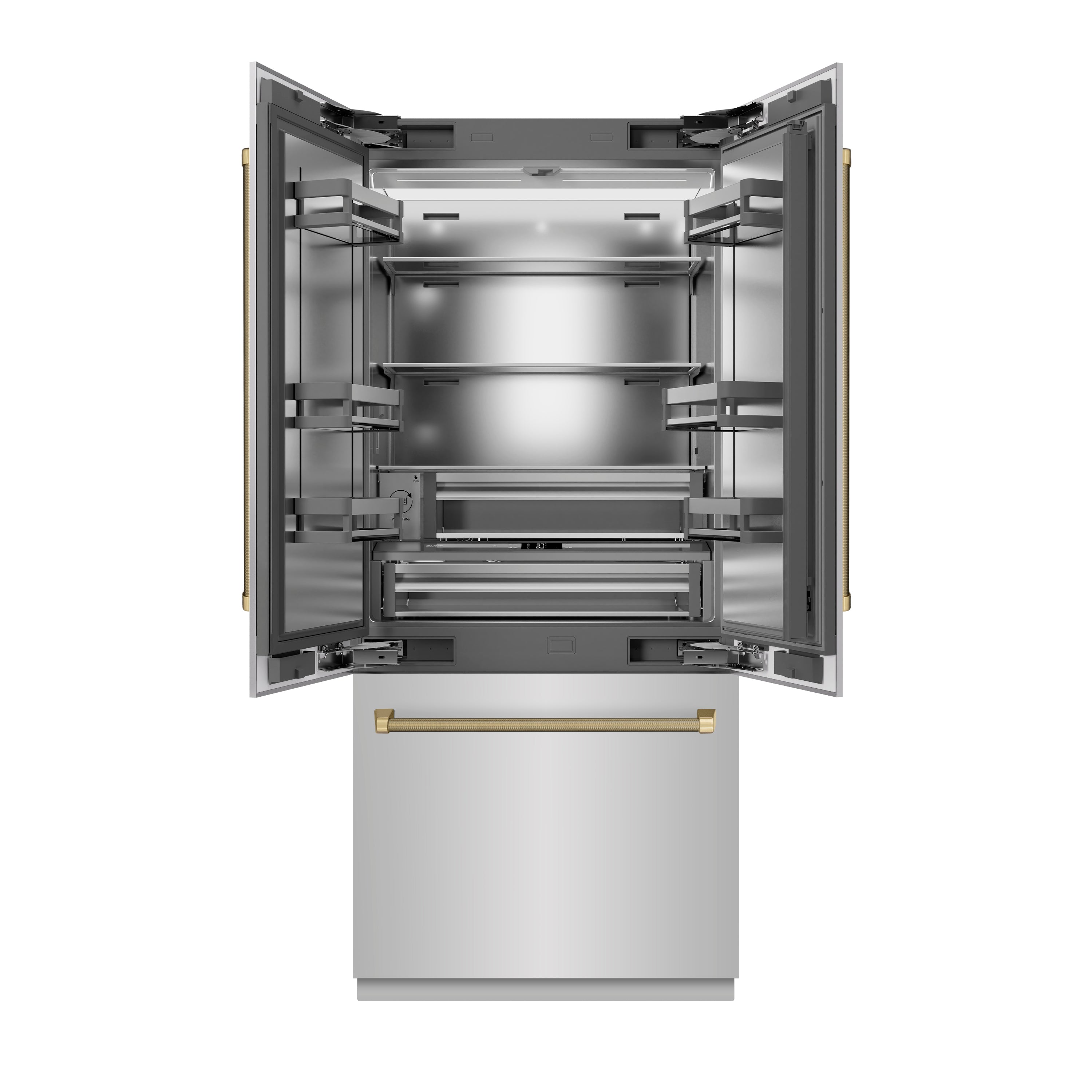 ZLINE 36 in. French Door Built-In Bottom Freezer Refrigerator, 19.6 cu. ft., Water Dispenser, Ice Maker, Stainless Steel, Champagne Bronze Helix Handles (SRBIVZ-30436KCB)